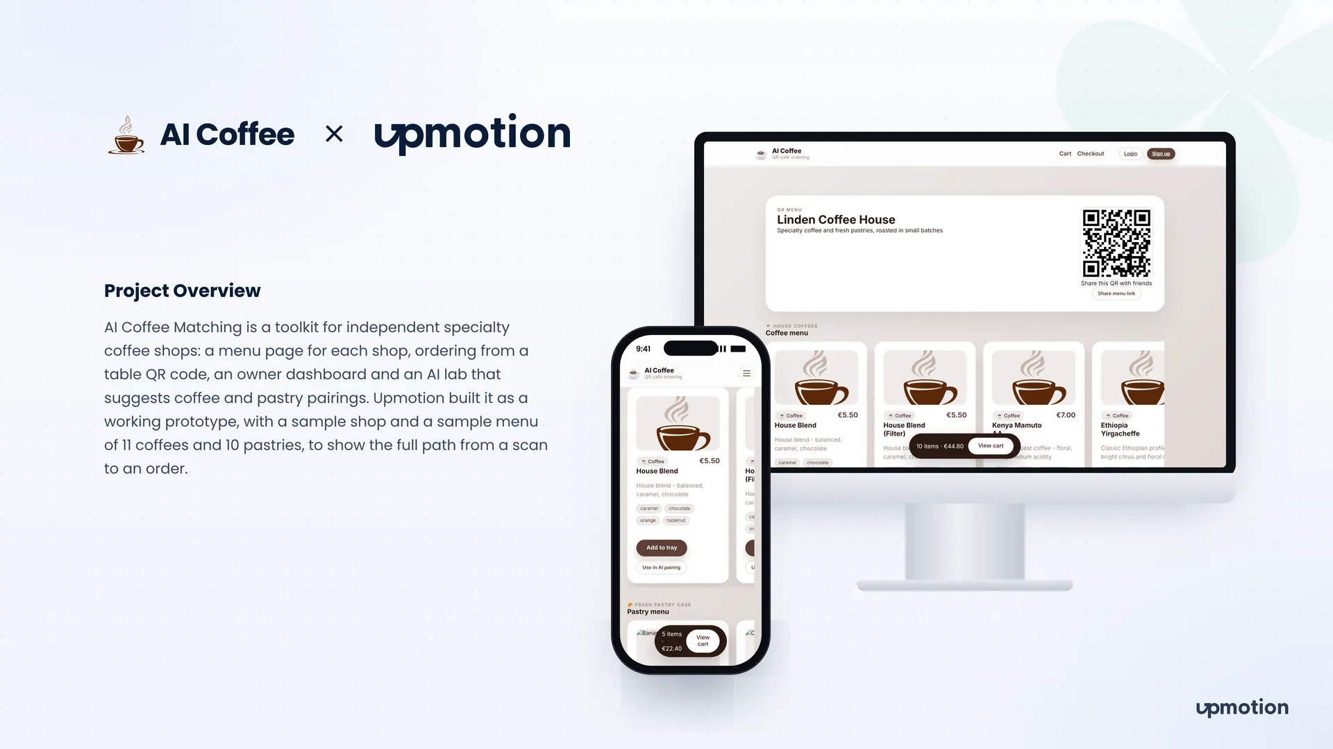 AI Coffee QR menu page for a sample coffee shop on desktop and the coffee menu on mobile