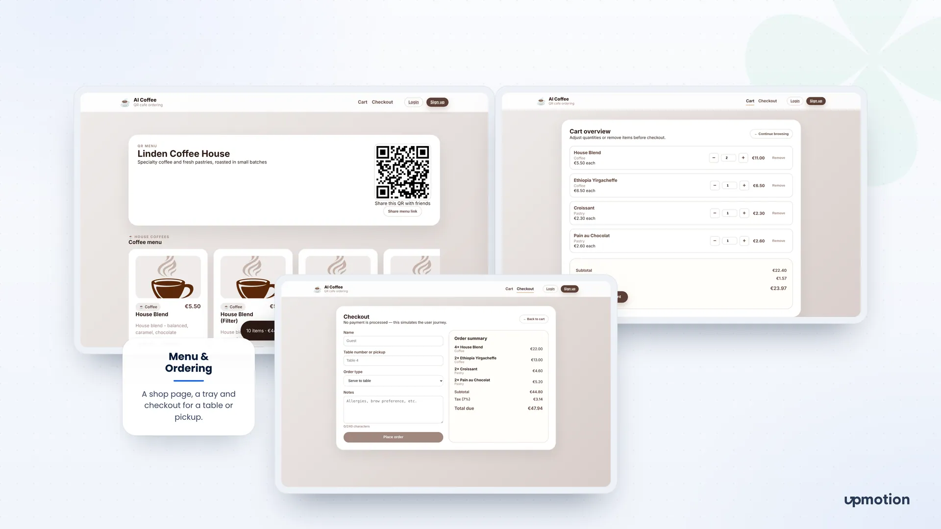 AI Coffee shop menu page, cart overview and checkout for table service or pickup