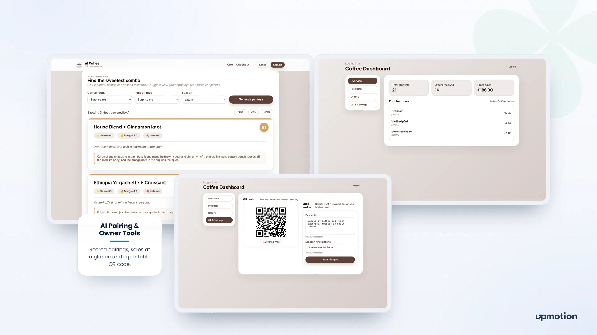 AI Coffee pairing lab results, owner sales overview and printable table QR code settings