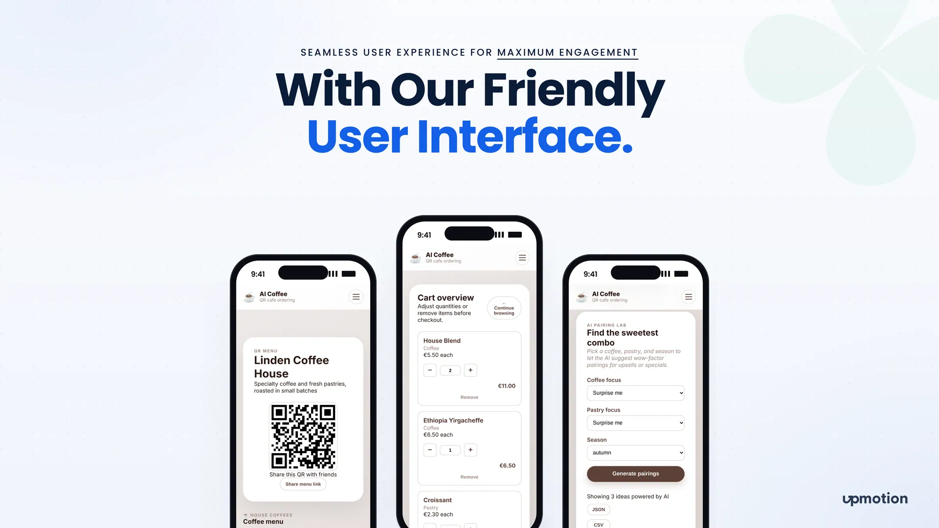 AI Coffee mobile screens for the QR menu, cart overview and AI pairing lab