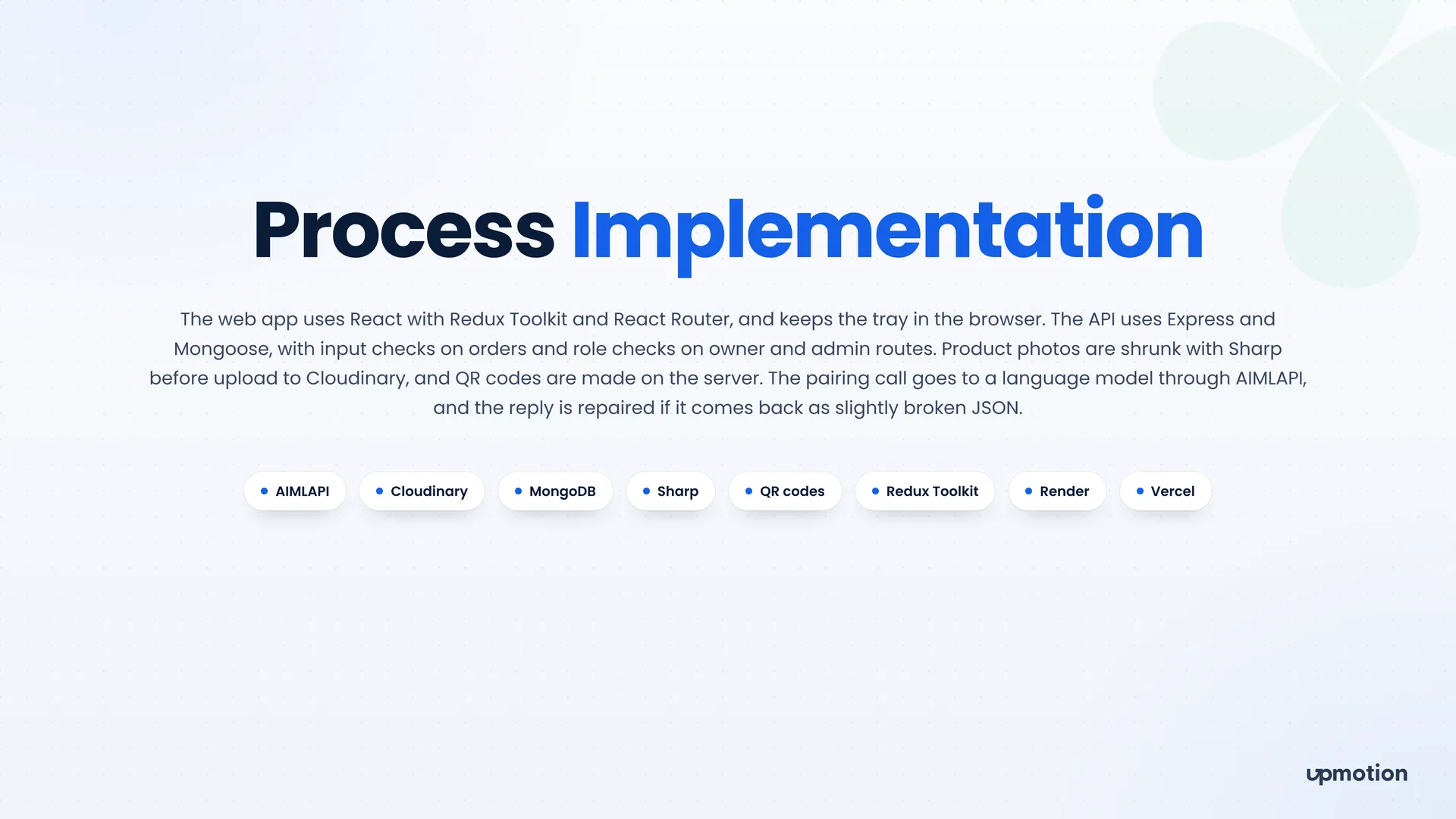 AI Coffee process slide listing AIMLAPI, Cloudinary, MongoDB, Sharp, Redux Toolkit and Vercel