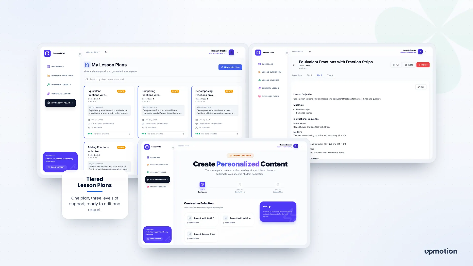 Lesson Orbit lesson plan library, Tier 2 plan view and three-step lesson generator