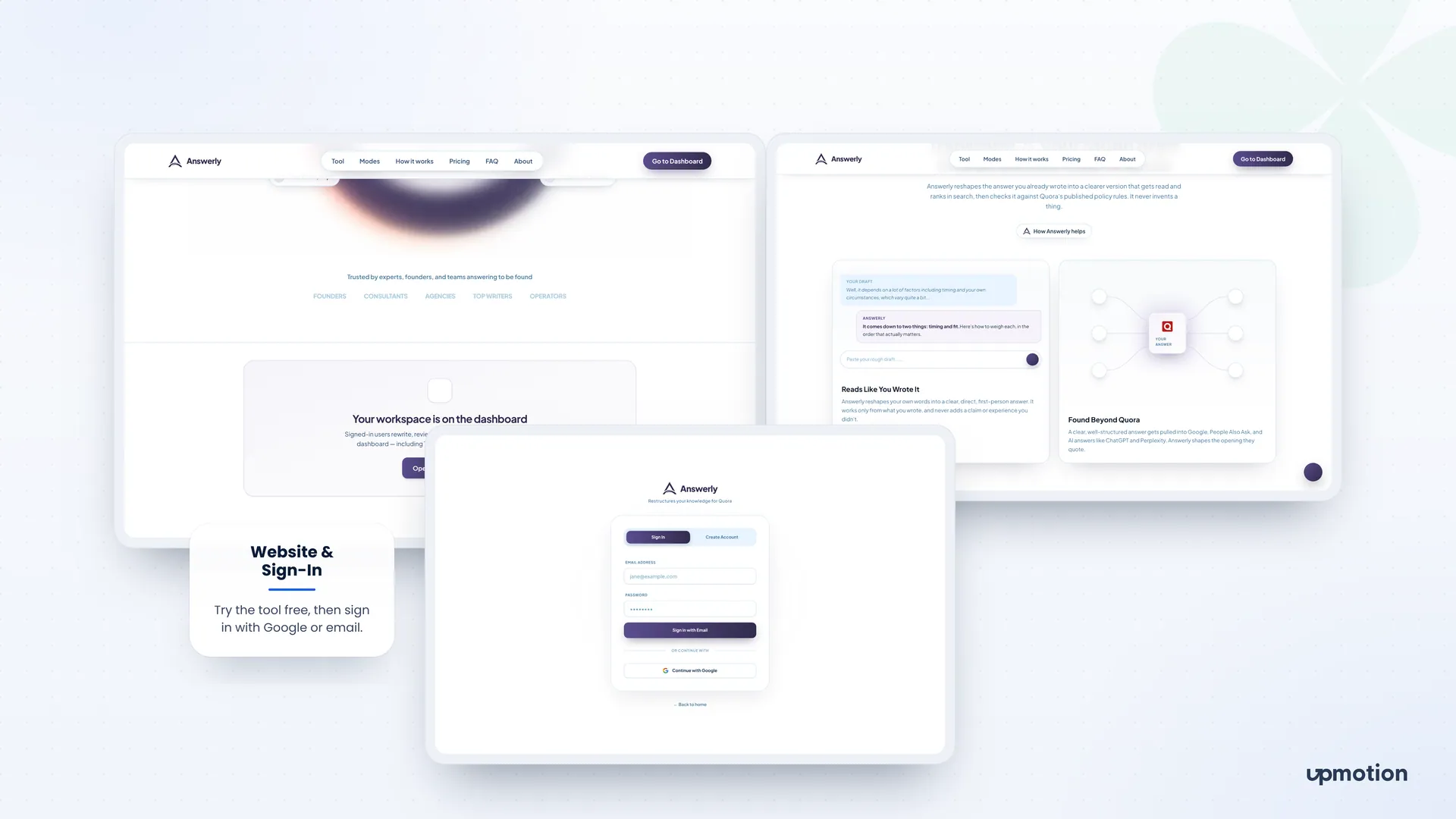 Answerly marketing website sections and sign-in page with Google and email options
