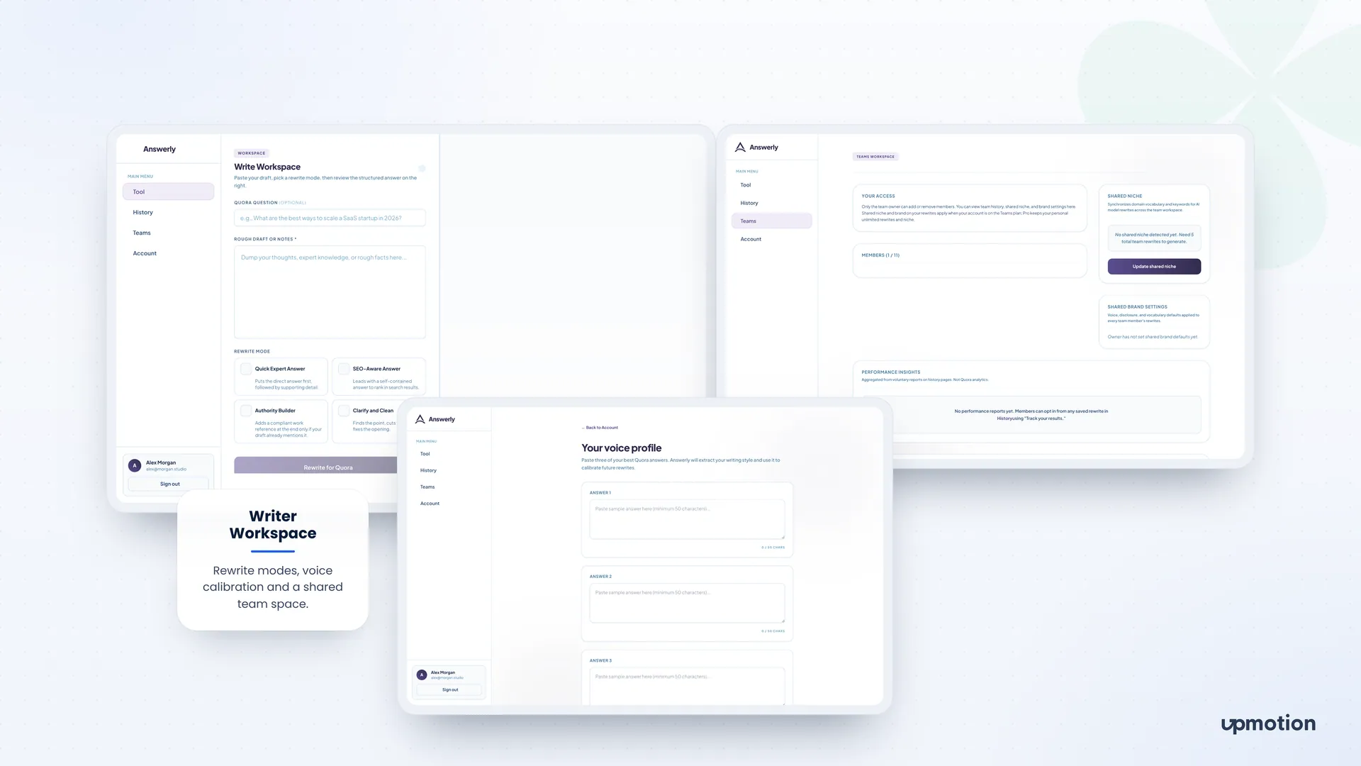Answerly dashboard screens for writing, the teams workspace and the voice profile setup