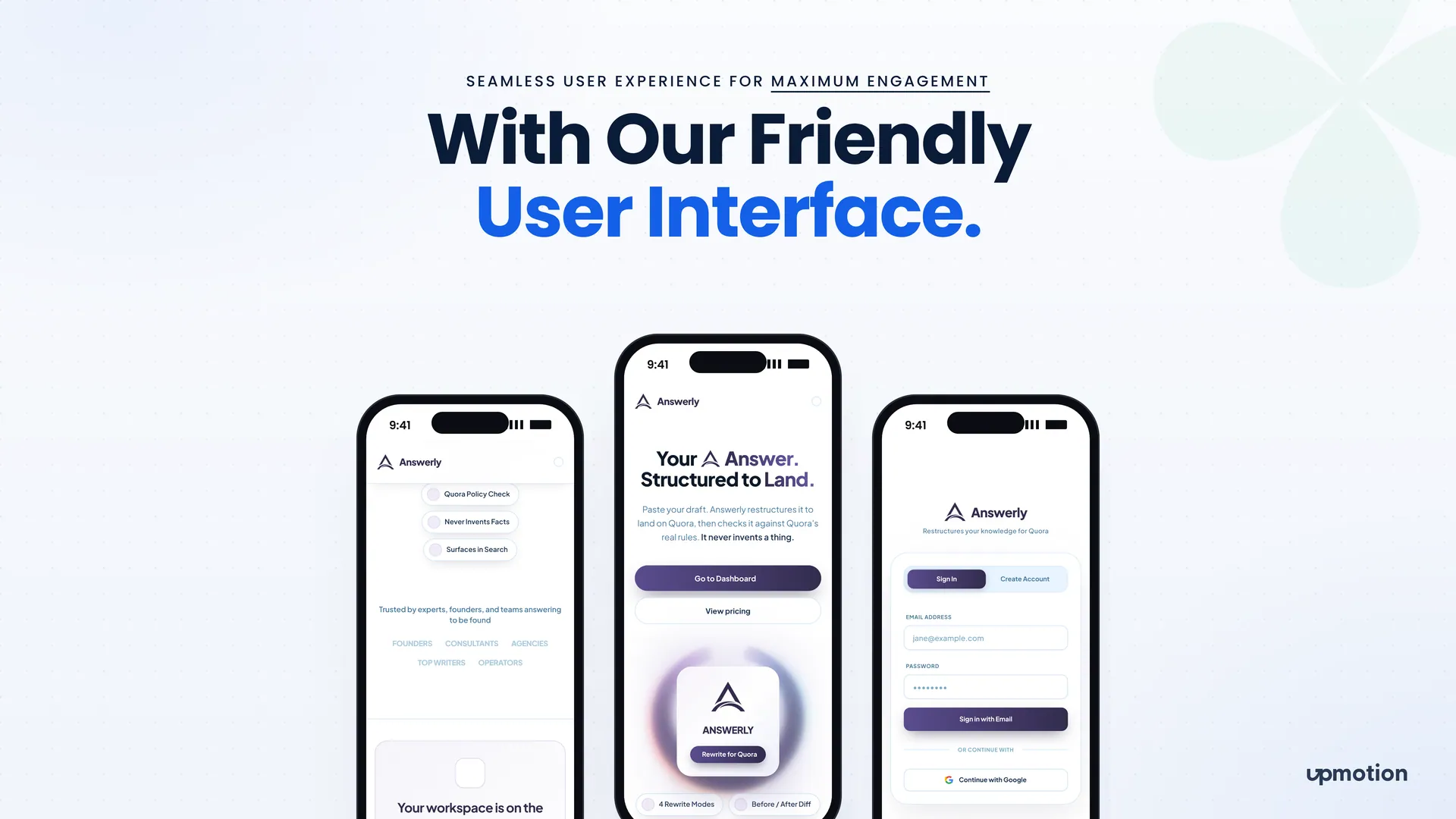 Three mobile screens of the Answerly landing page and sign-in flow
