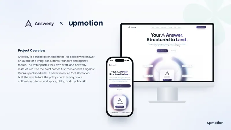 Answerly landing page on desktop and mobile showing the Quora answer rewriter hero