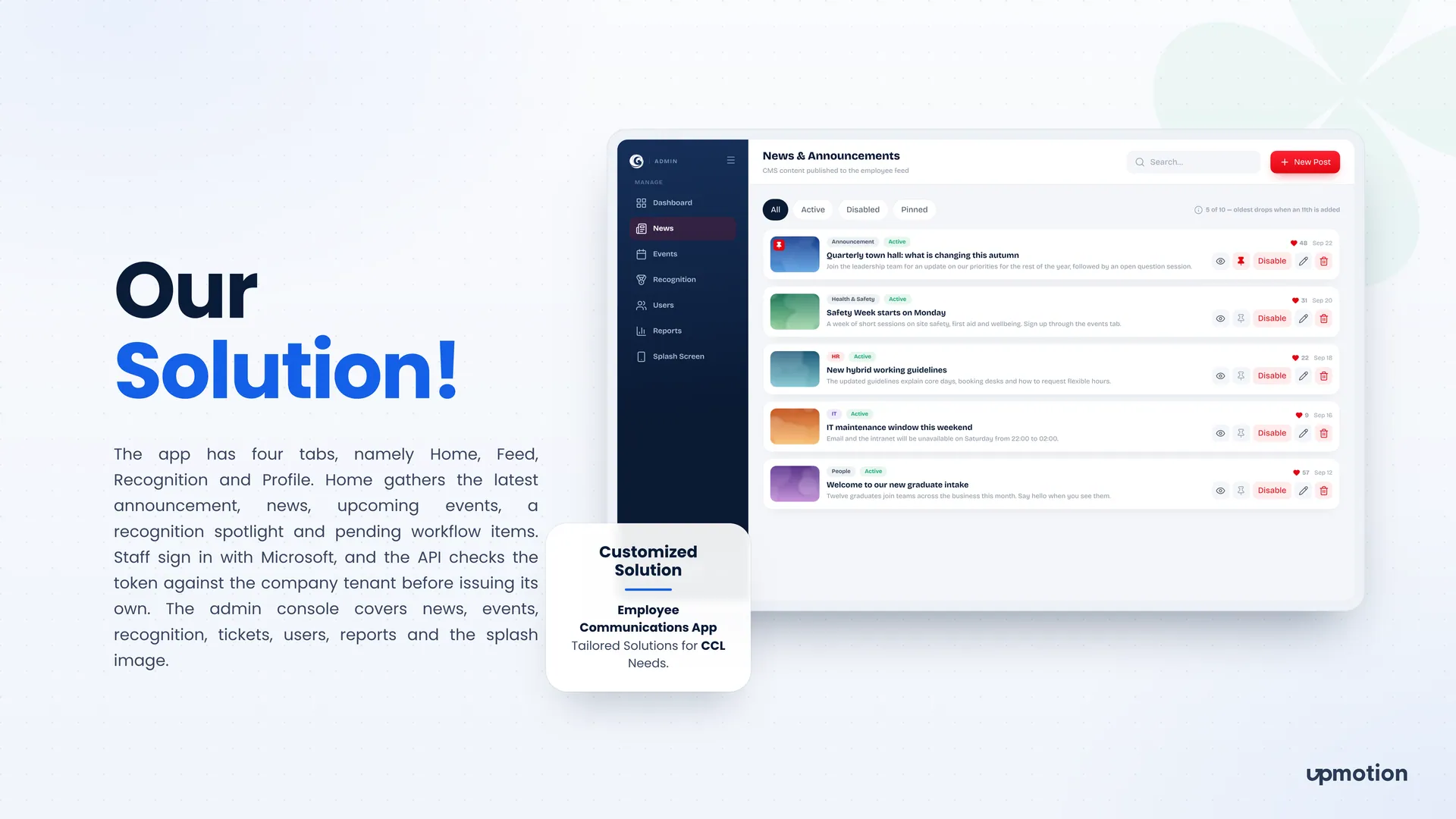 ONE CCL admin console news and announcements list with pin and disable actions
