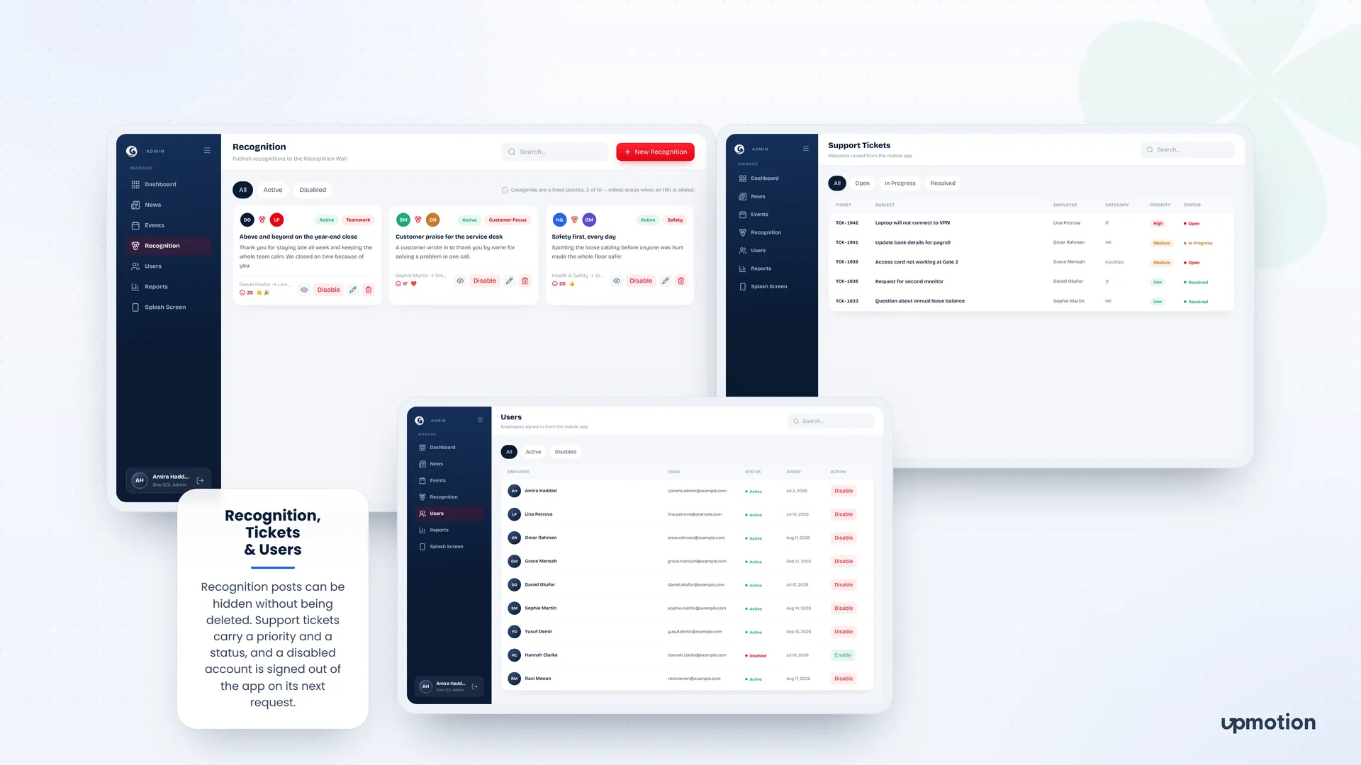 ONE CCL admin screens for recognition posts, support tickets and user access