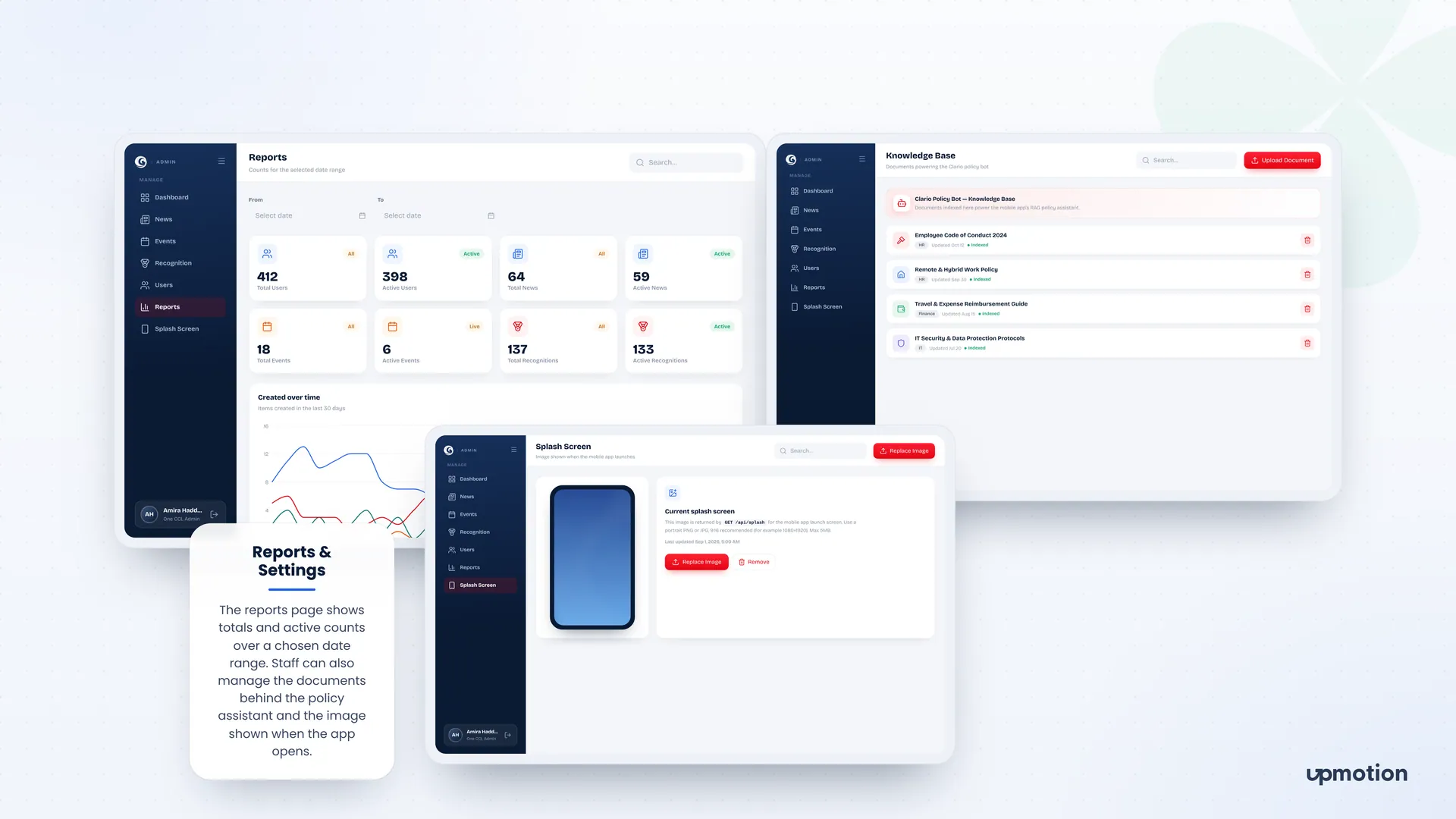 ONE CCL admin reports, policy knowledge base documents and splash screen settings