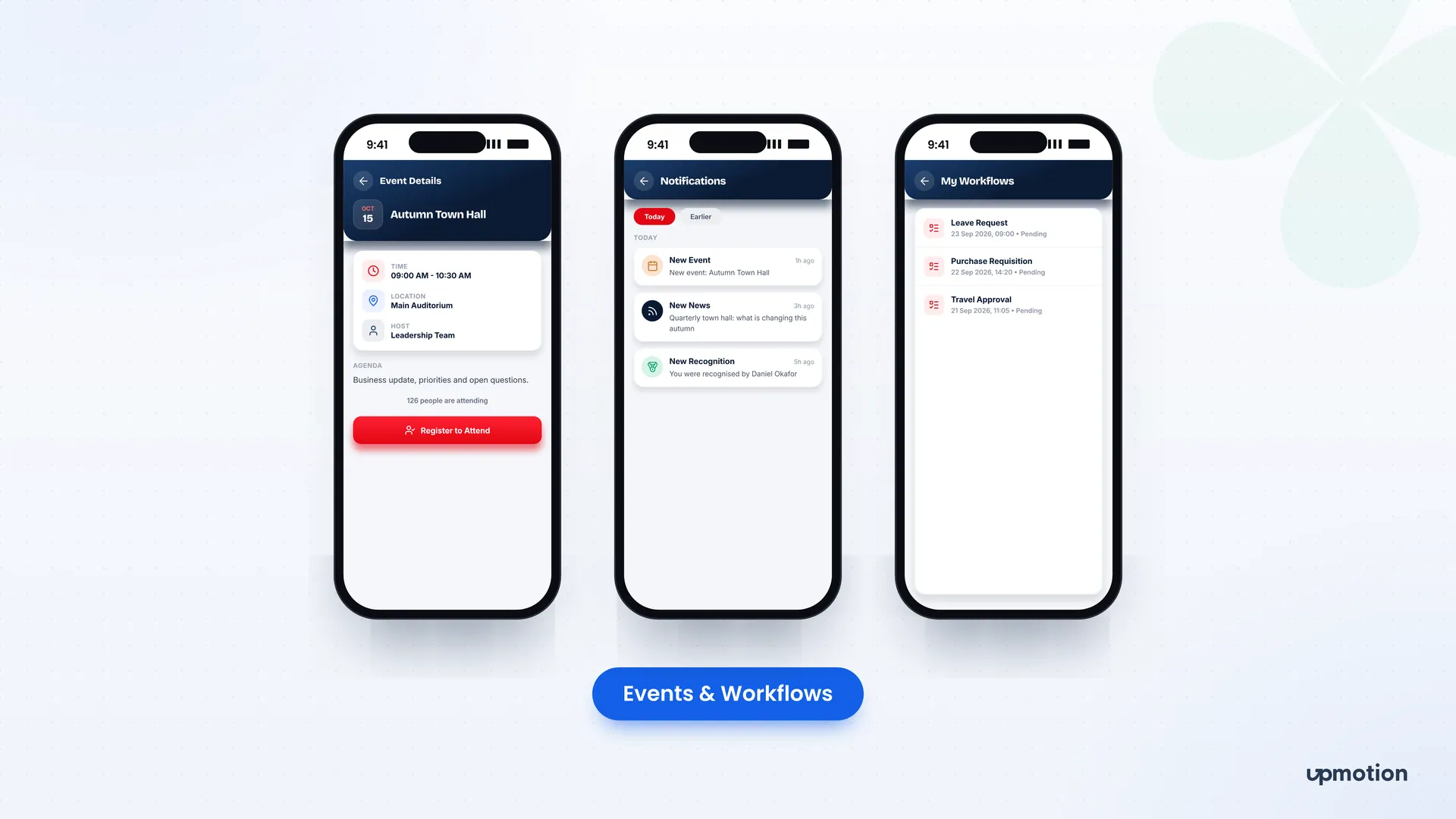 ONE CCL mobile screens for event details, notifications and pending workflow approvals