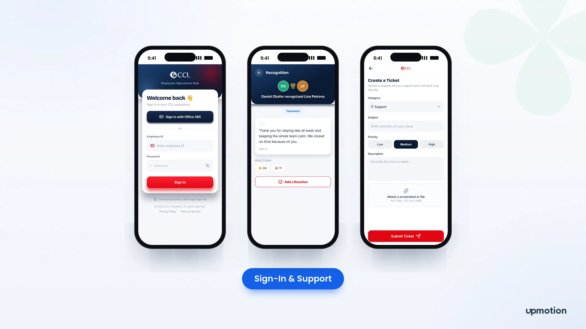 ONE CCL mobile screens for Office 365 sign-in, recognition detail and support ticket creation