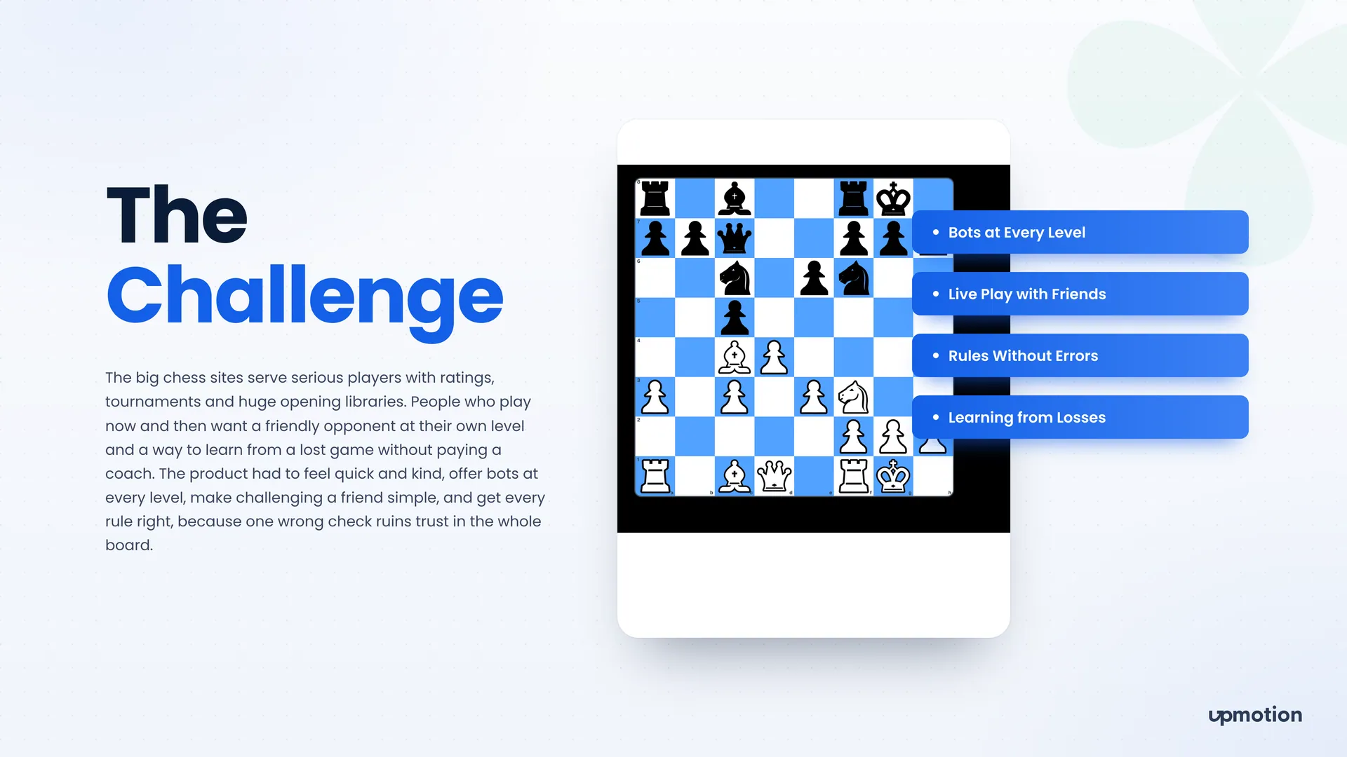 ChessOnes chess board with the four goals: bots at every level, live play with friends, correct rules and learning from losses