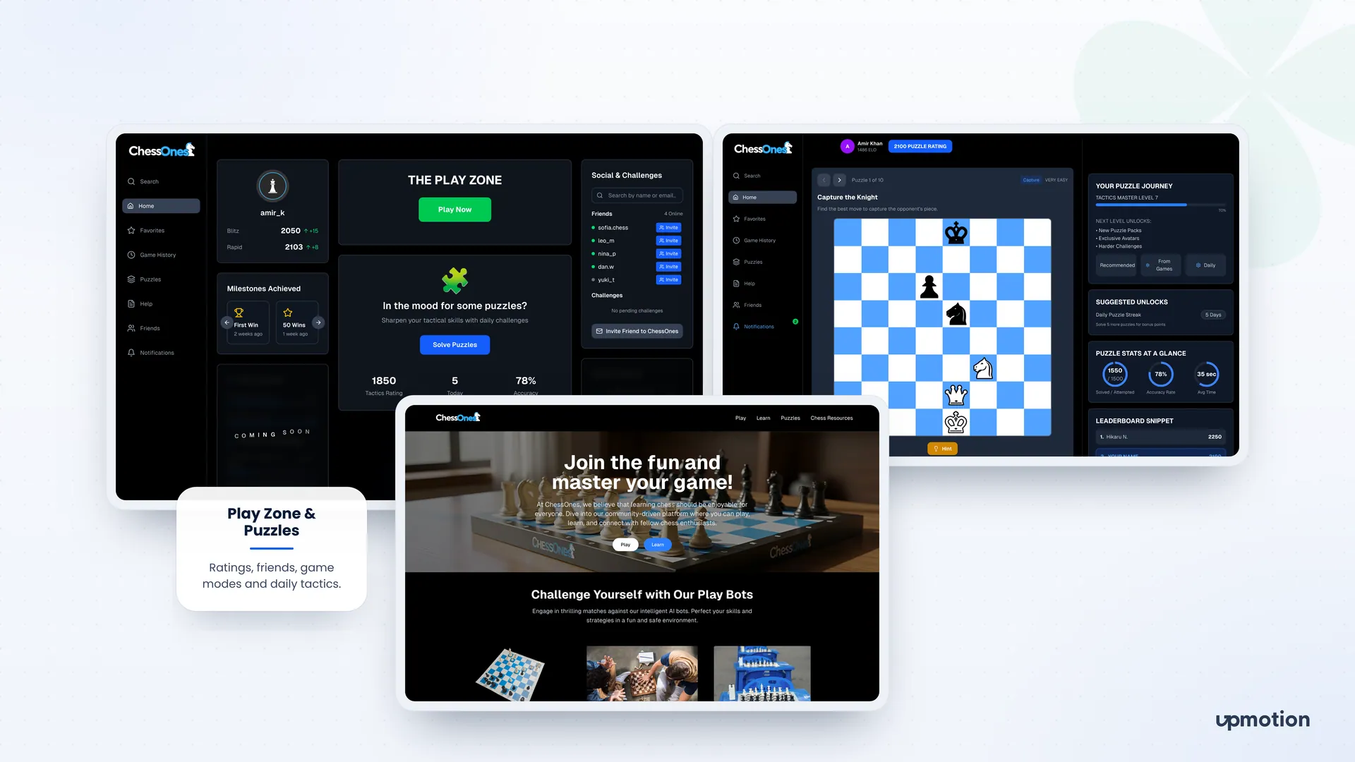 ChessOnes Play Zone dashboard with ratings, milestones and friends, a puzzle screen with tactics stats and the landing page