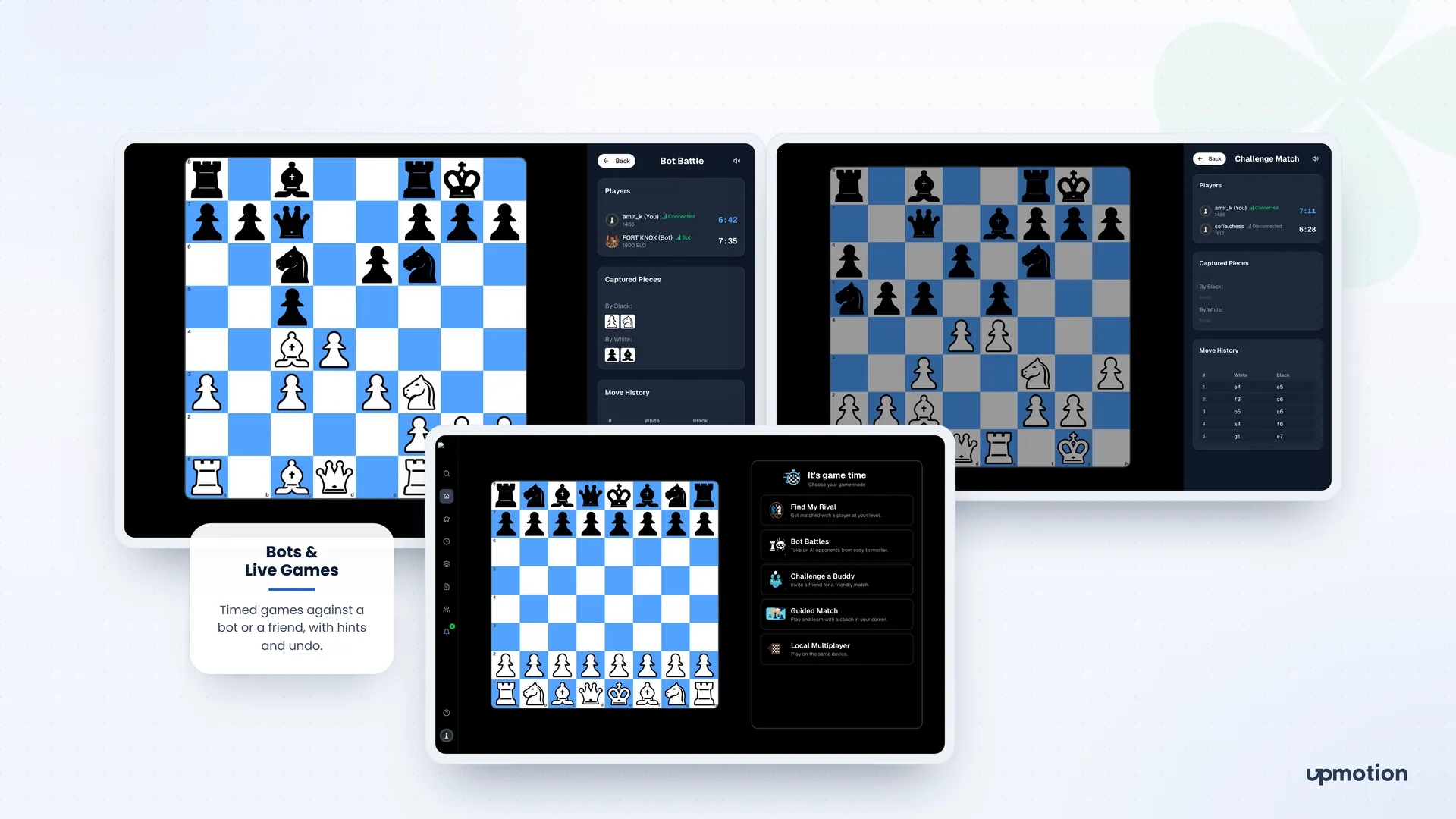 ChessOnes Bot Battle and Challenge Match boards with the game mode picker for bots, friends and local play