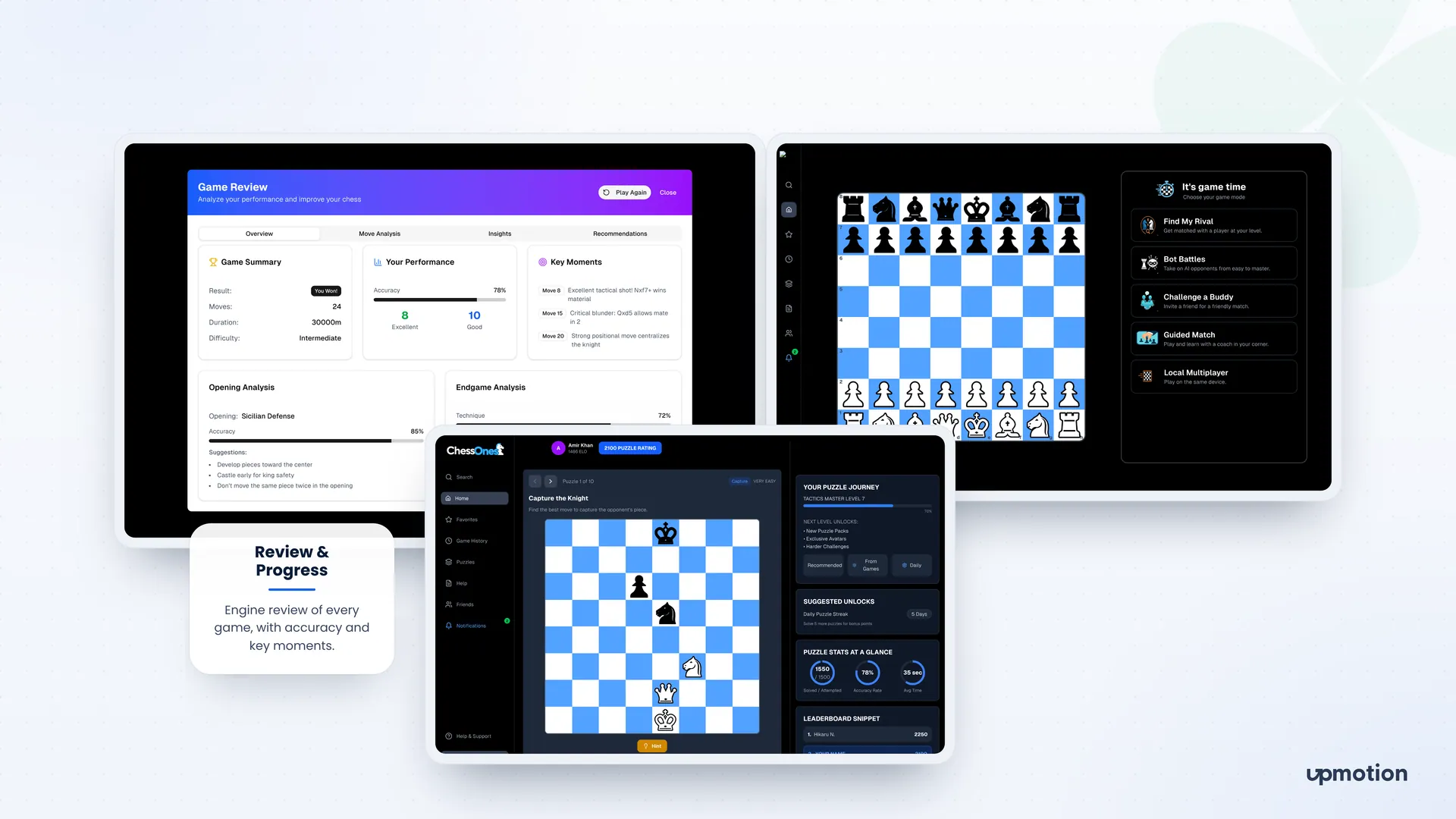 ChessOnes Game Review with accuracy, key moments and opening analysis, beside puzzle and game mode screens