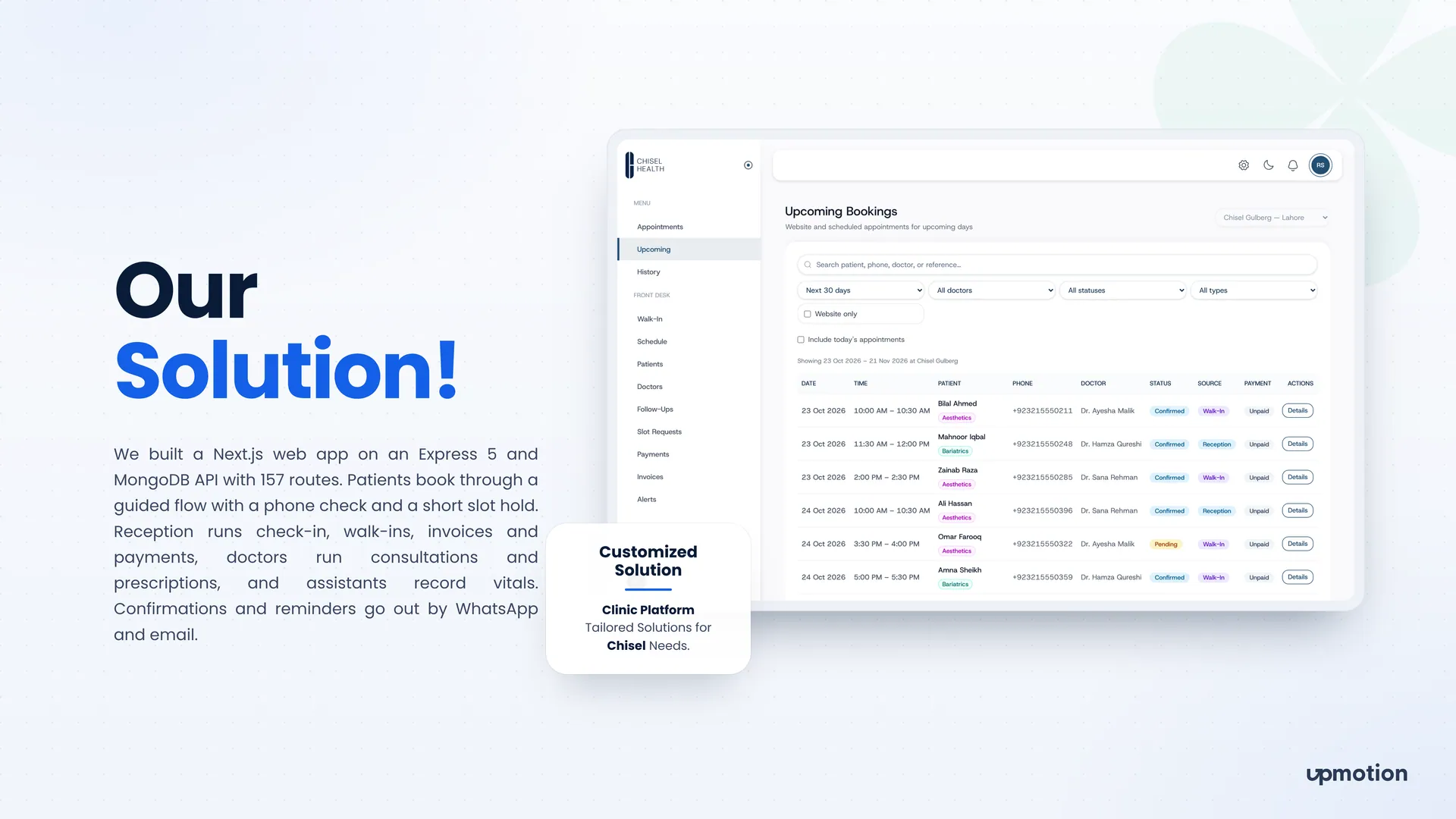 Chisel Health upcoming bookings table with booking source, payment status and a branch filter