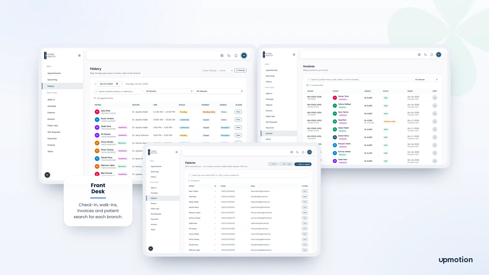 Chisel Health front desk screens for visit history, invoices and the clinic-wide patient directory