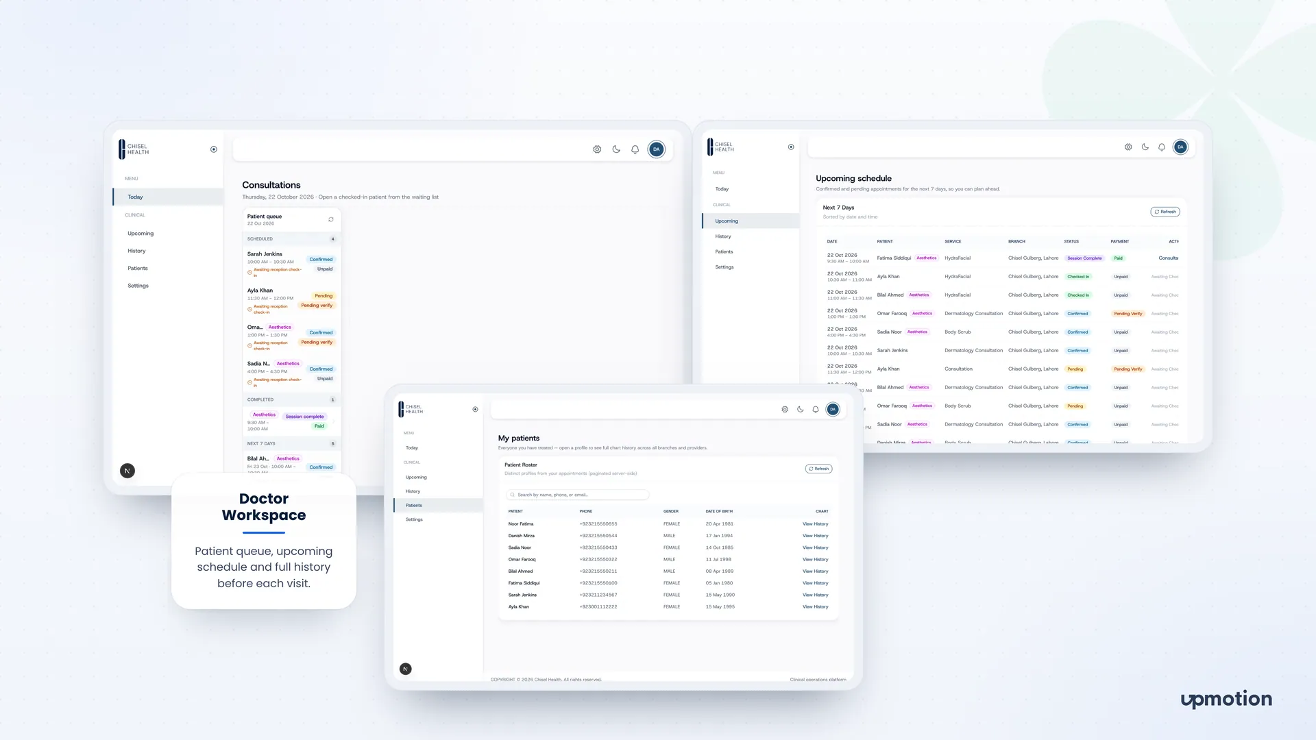 Chisel Health doctor workspace with patient queue, seven-day schedule and patient chart history
