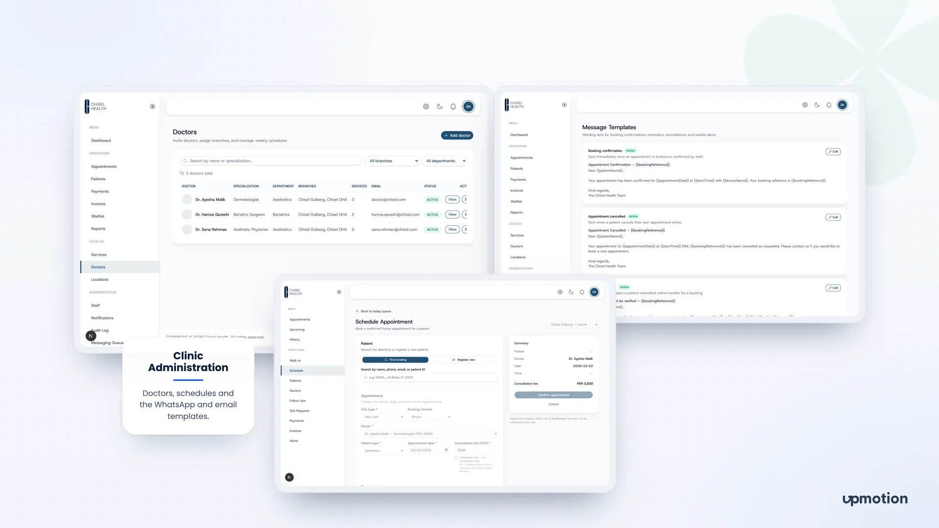 Chisel Health admin screens for doctors and branches, message templates and appointment scheduling