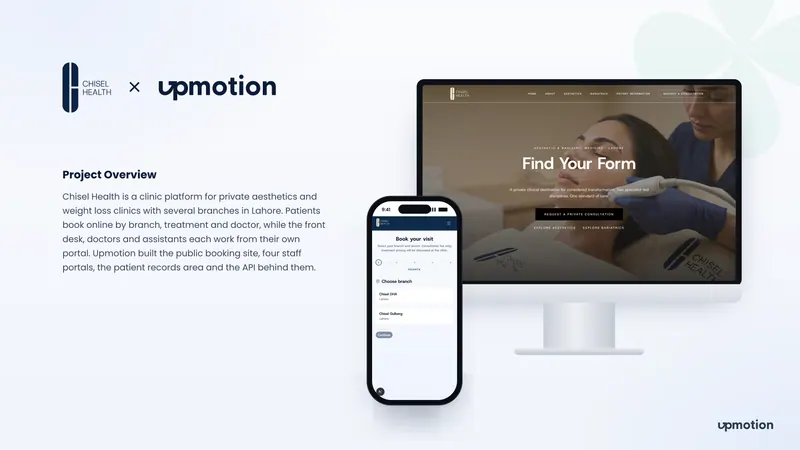 Chisel Health clinic website on desktop and the Book your visit branch picker on mobile