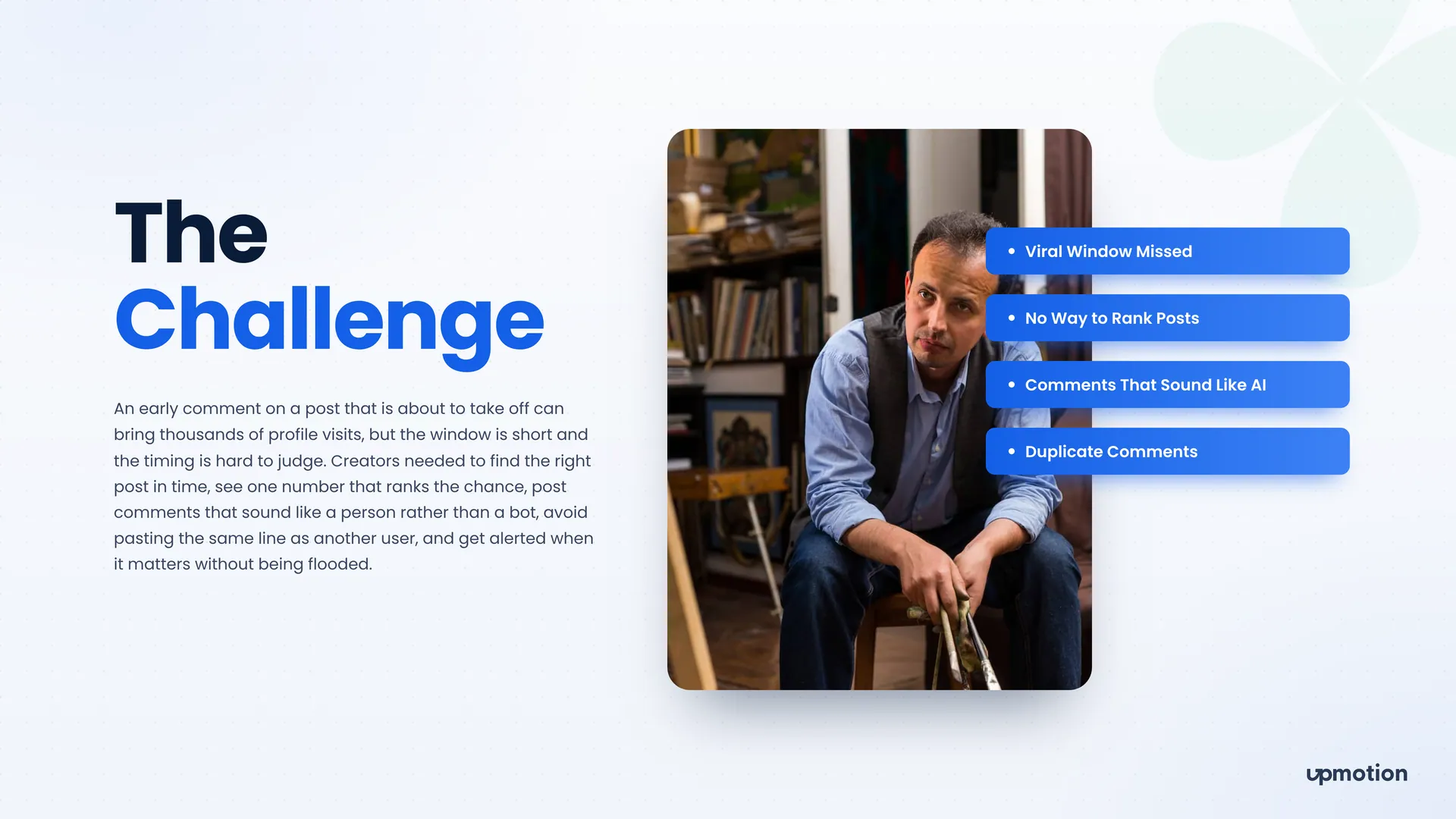 Commenter Engine challenge slide with a creator photo and missed viral window problems