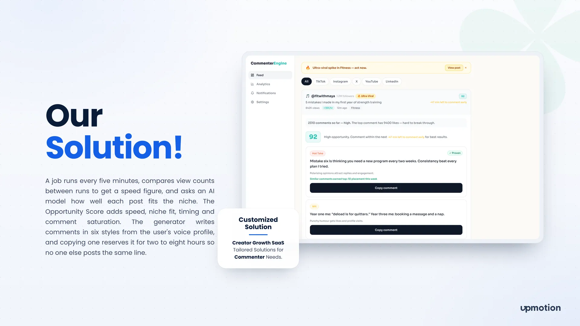 Commenter Engine dashboard showing a post with Opportunity Score 92 and AI comment suggestions