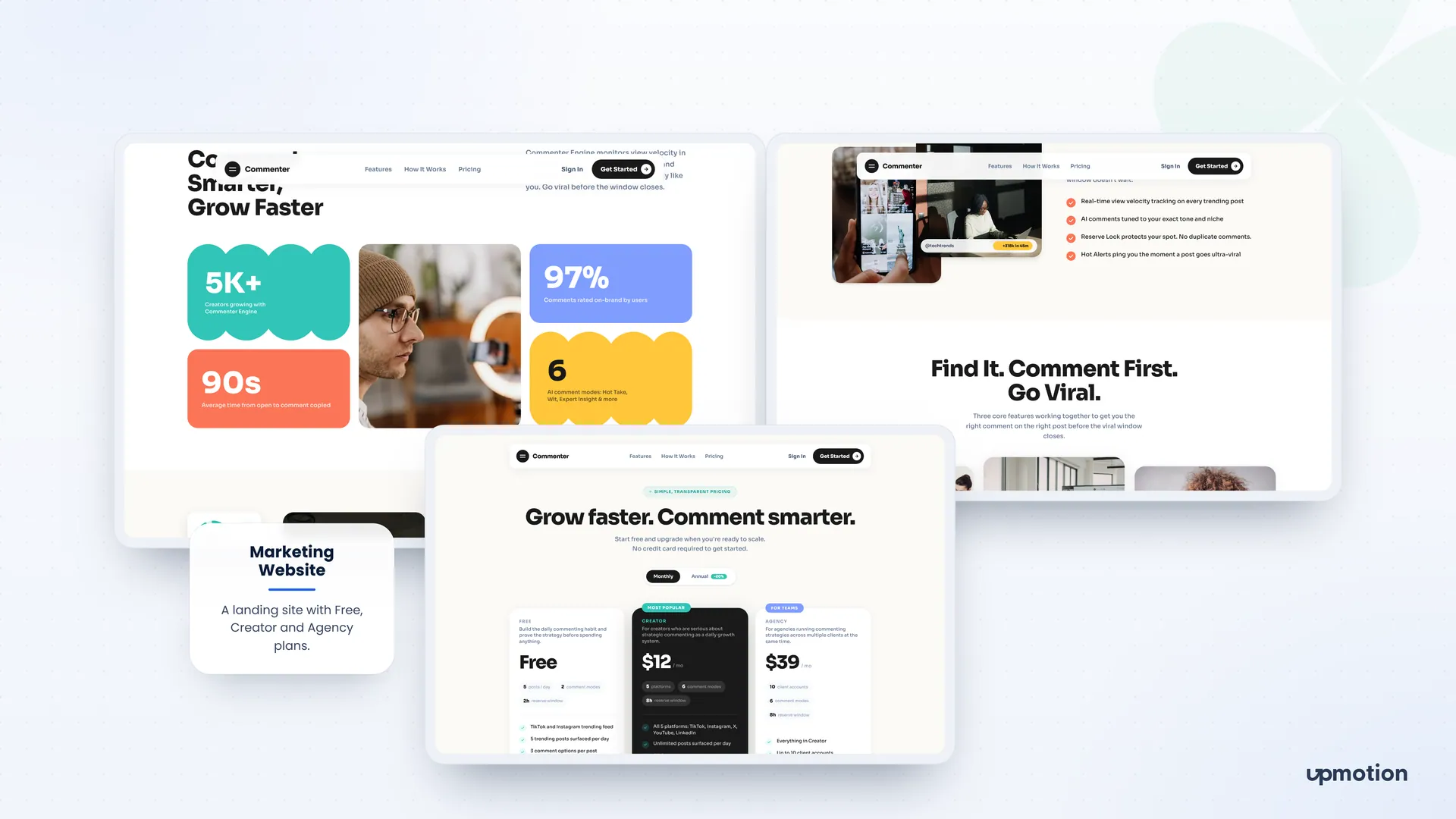 Commenter Engine marketing website sections and pricing with Free, Creator and Agency plans