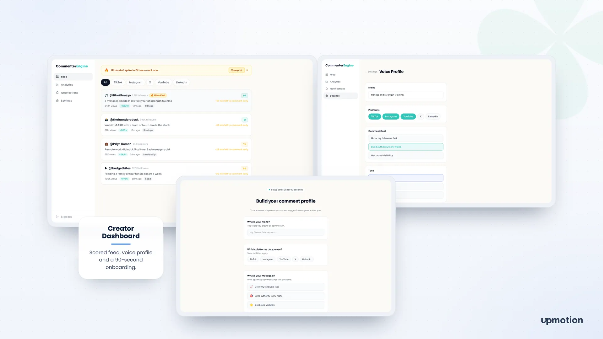 Commenter Engine creator dashboard feed, voice profile settings and onboarding setup form