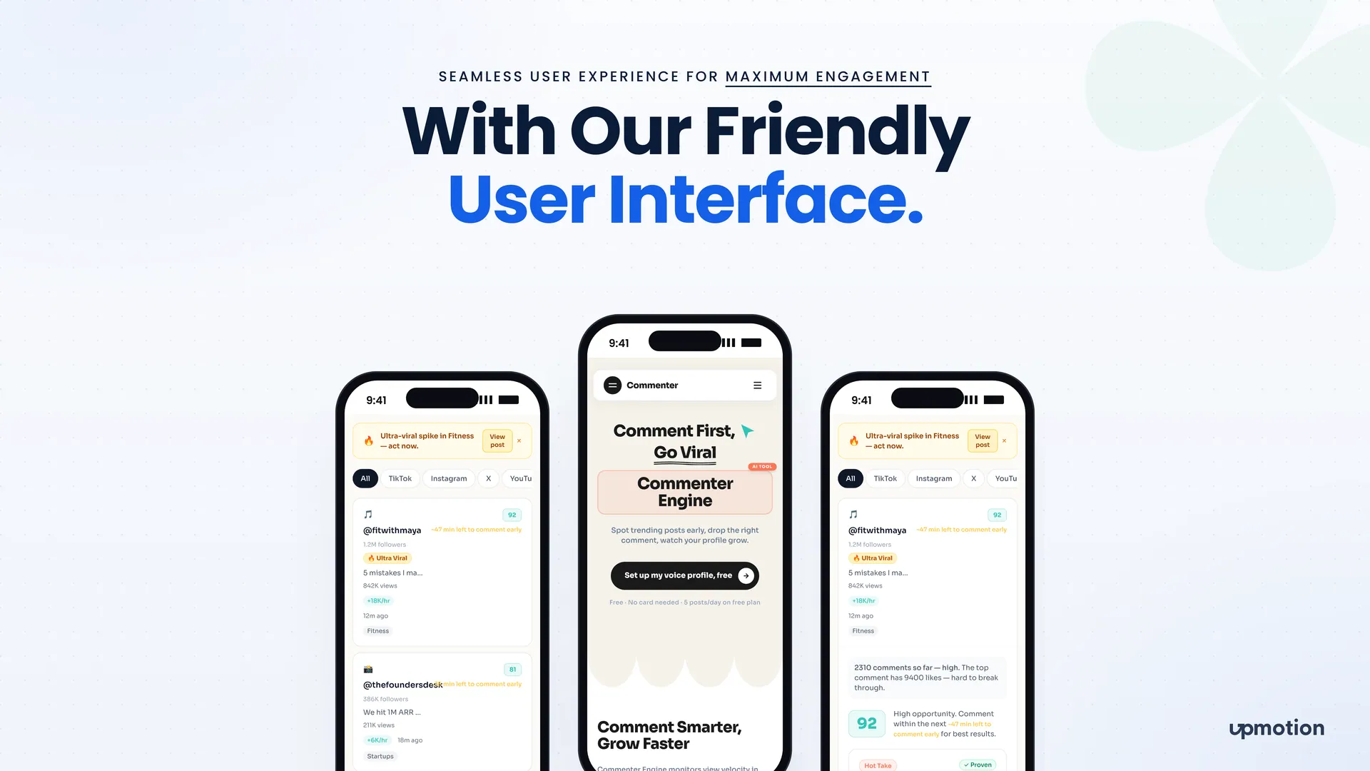 Three Commenter Engine mobile screens showing the feed, landing page and post detail