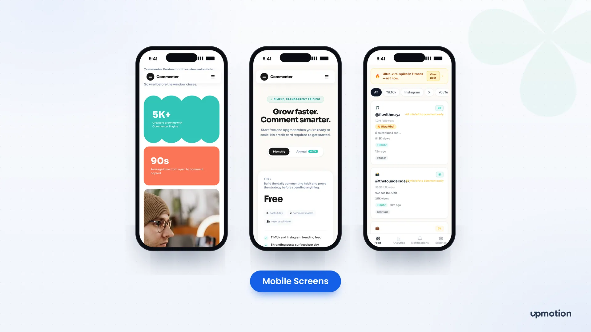 Commenter Engine mobile screens for the marketing site, pricing plans and trending feed