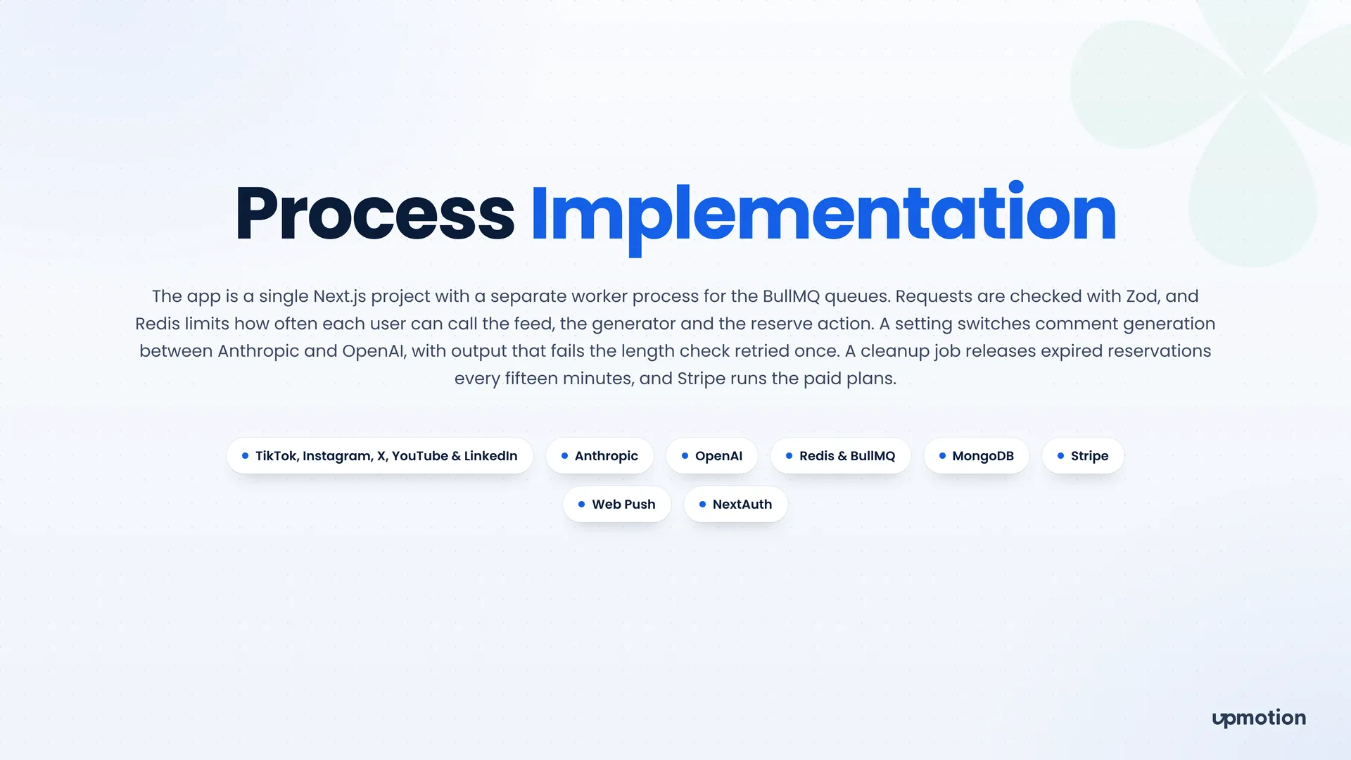 Commenter Engine technology slide listing Next.js, BullMQ, Redis, Anthropic, OpenAI and Stripe