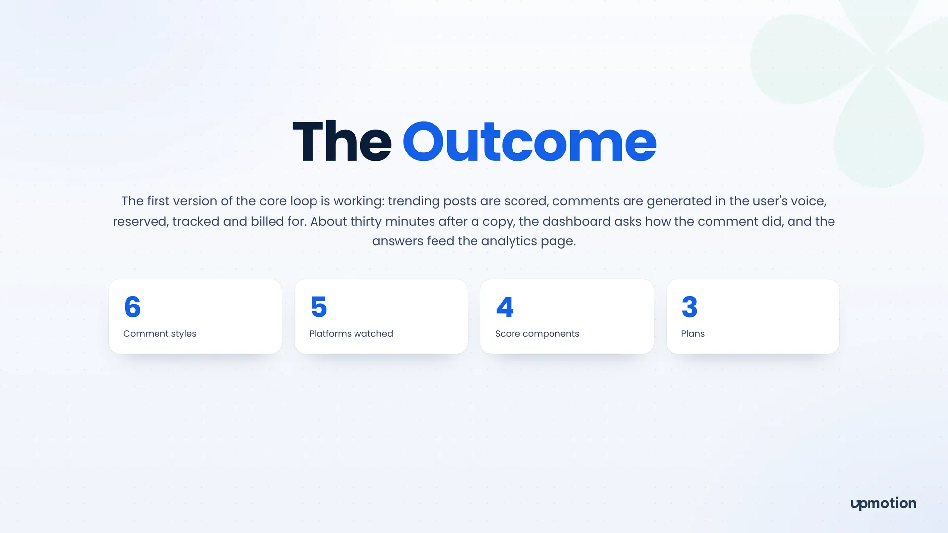 Commenter Engine outcome slide with 6 comment styles, 5 platforms and 3 plans