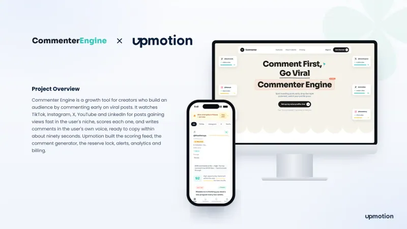 Commenter Engine landing page on desktop and scored viral post feed on mobile