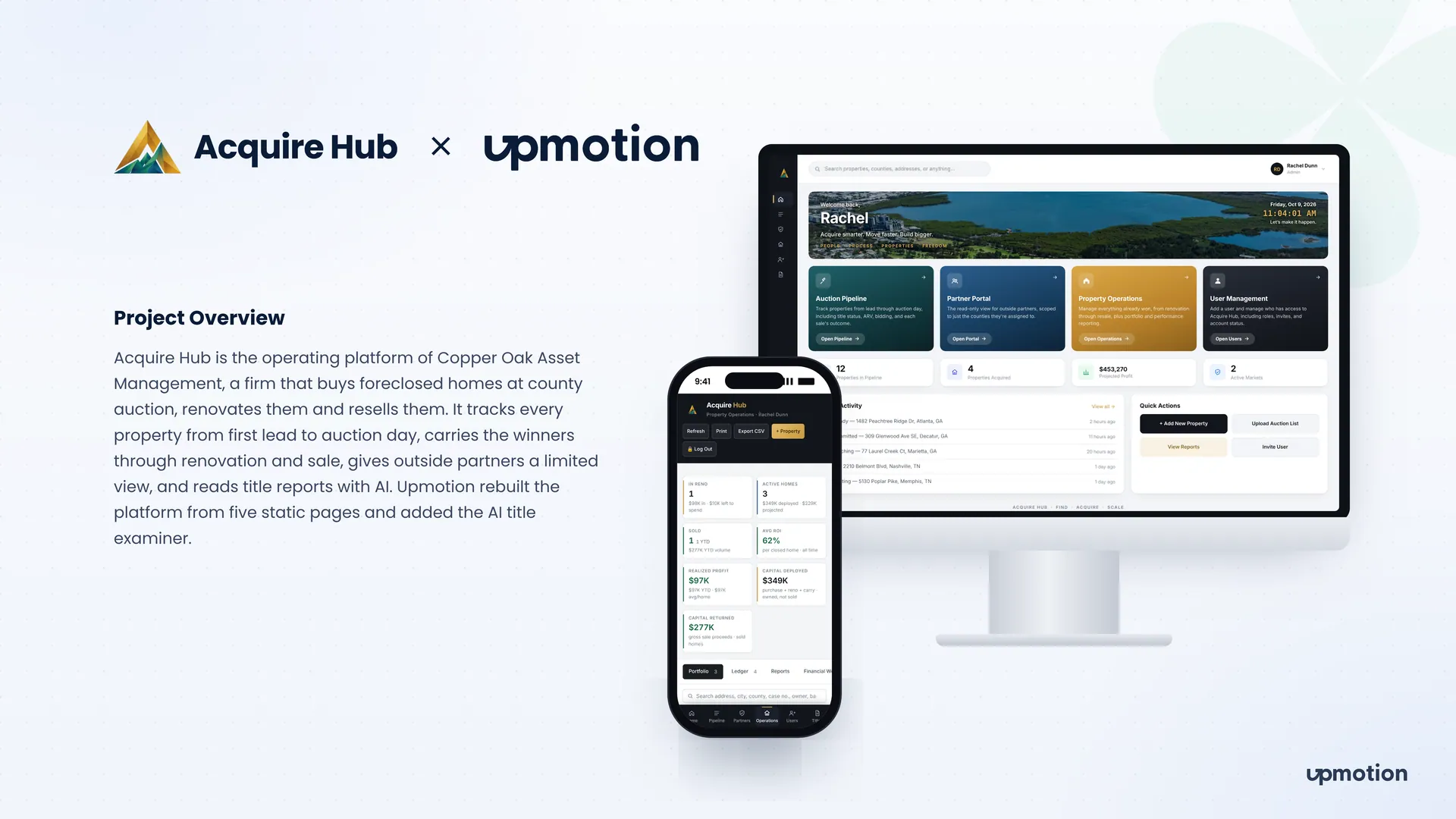 Acquire Hub home dashboard on desktop and property operations stats on mobile