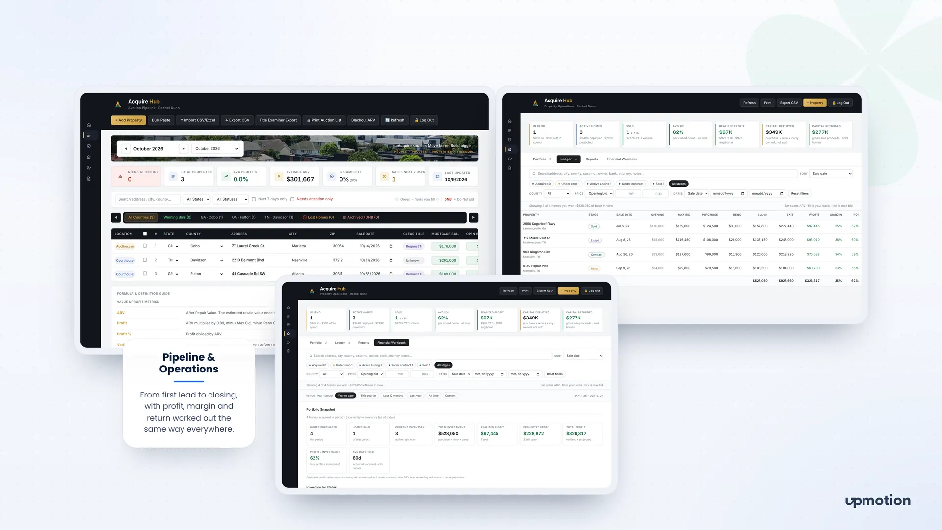 Acquire Hub auction pipeline table, property ledger and financial workbook portfolio snapshot