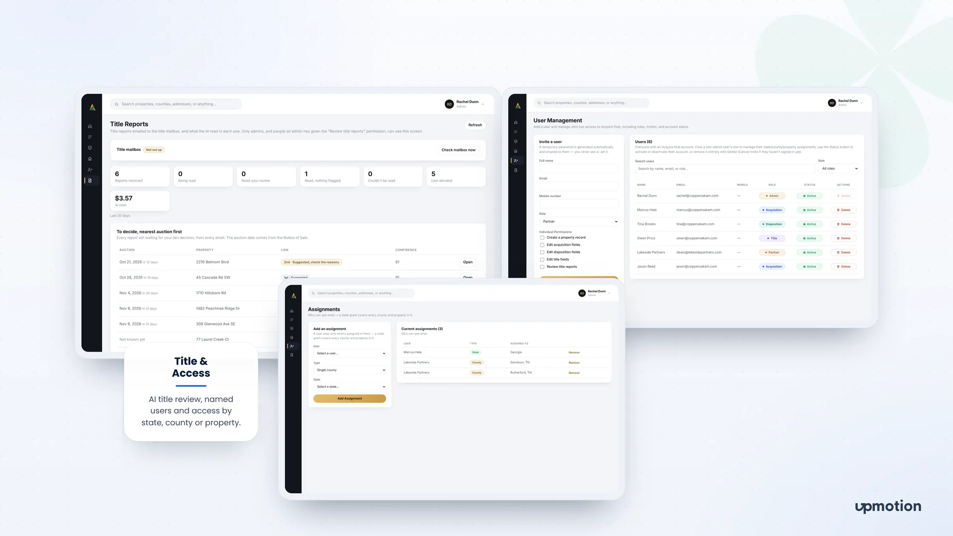 Acquire Hub AI title reports queue, user management and county access assignments