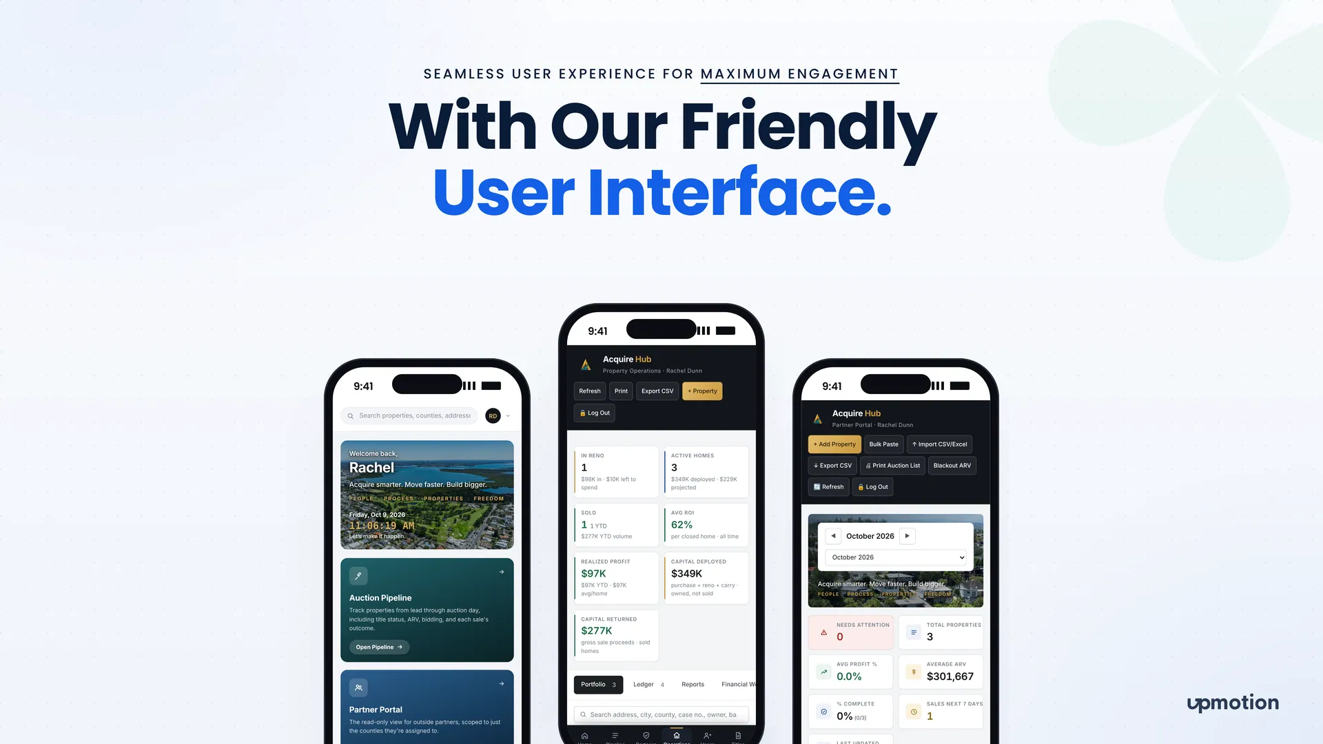 Three Acquire Hub mobile screens for home, property operations and partner pipeline