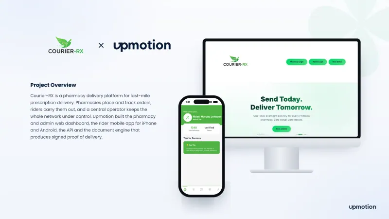 Courier-RX pharmacy delivery website on desktop and rider app home screen on mobile