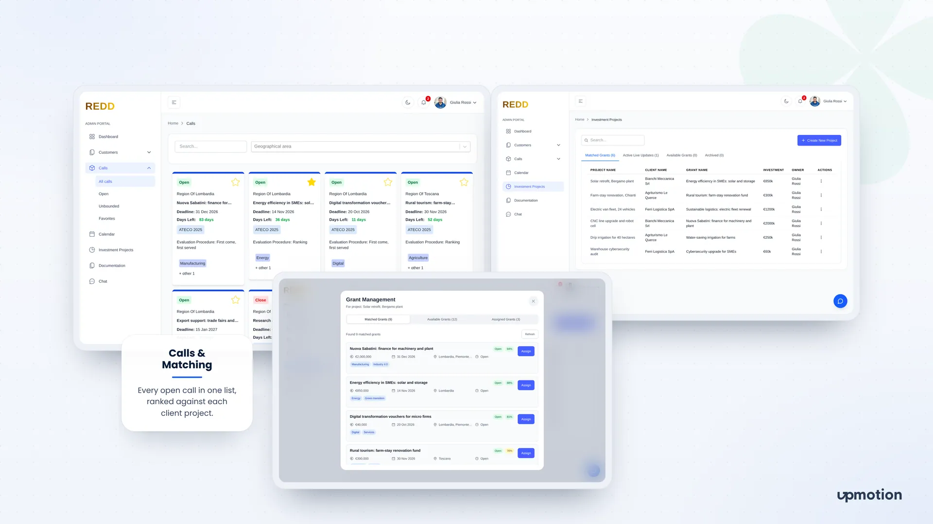 CRM REDD calls list, investment projects table and grant matching modal screens