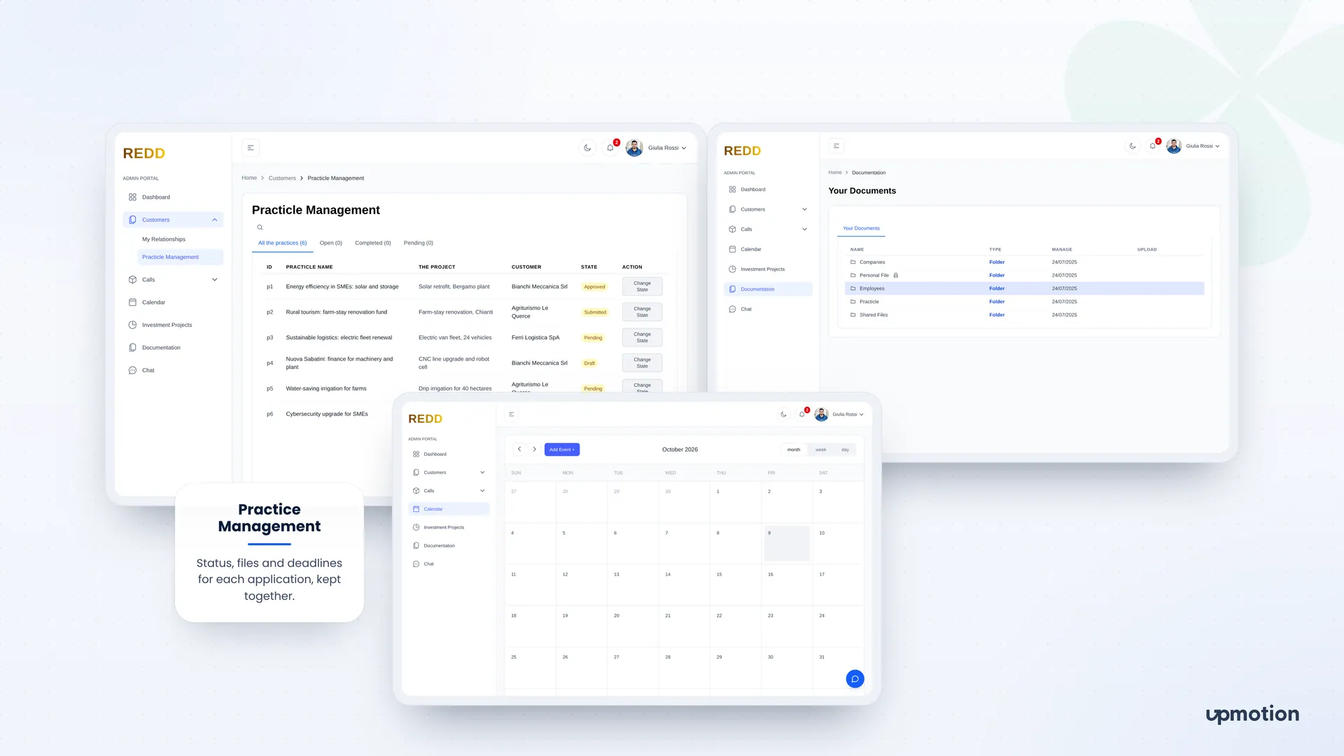CRM REDD practice management table, document folders and monthly deadline calendar