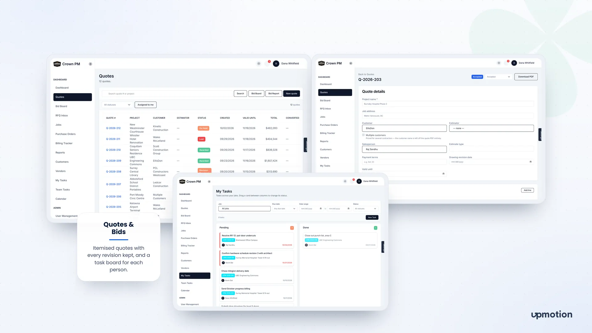 Crown PM quotes list, quote details form and personal task board screens