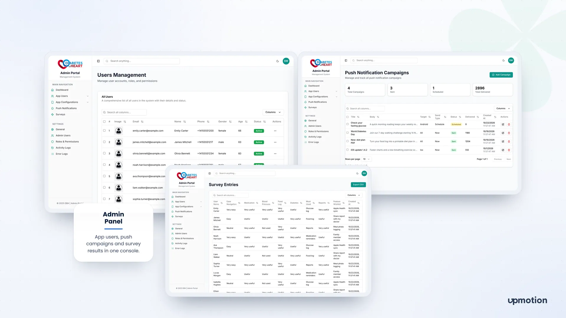 Diabetes By Heart admin screens for users management, push notification campaigns and survey entries