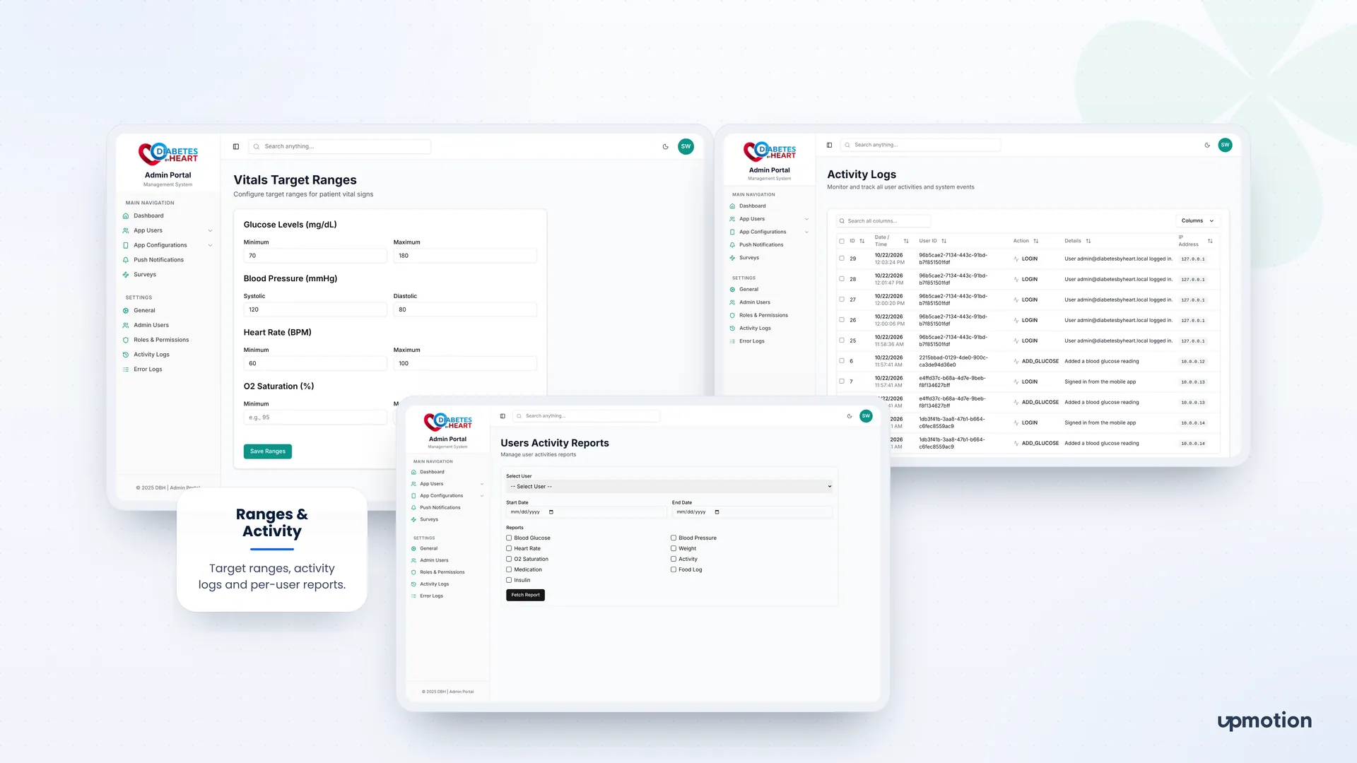 Diabetes By Heart admin screens for vitals target ranges, activity logs and per-user activity reports