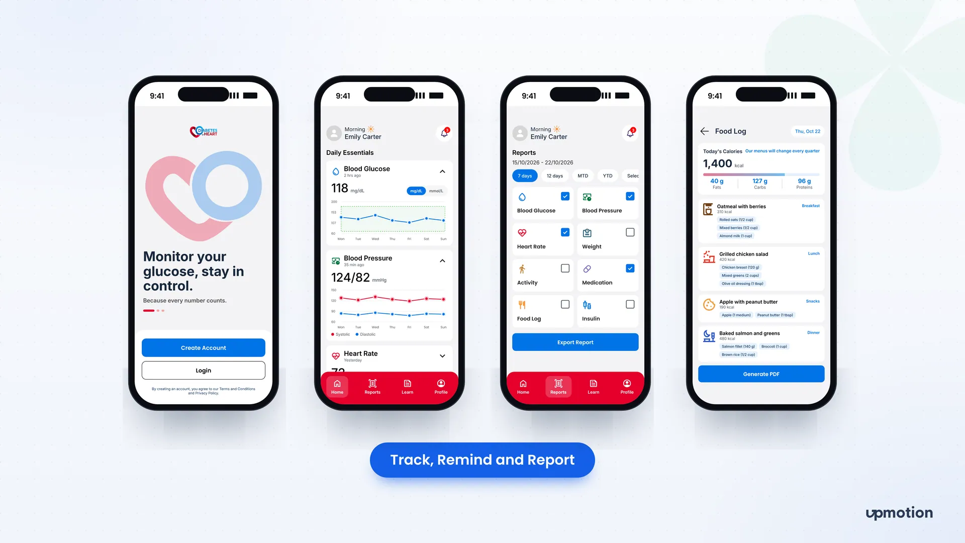 Diabetes By Heart mobile welcome, Daily Essentials, report export and food log screens