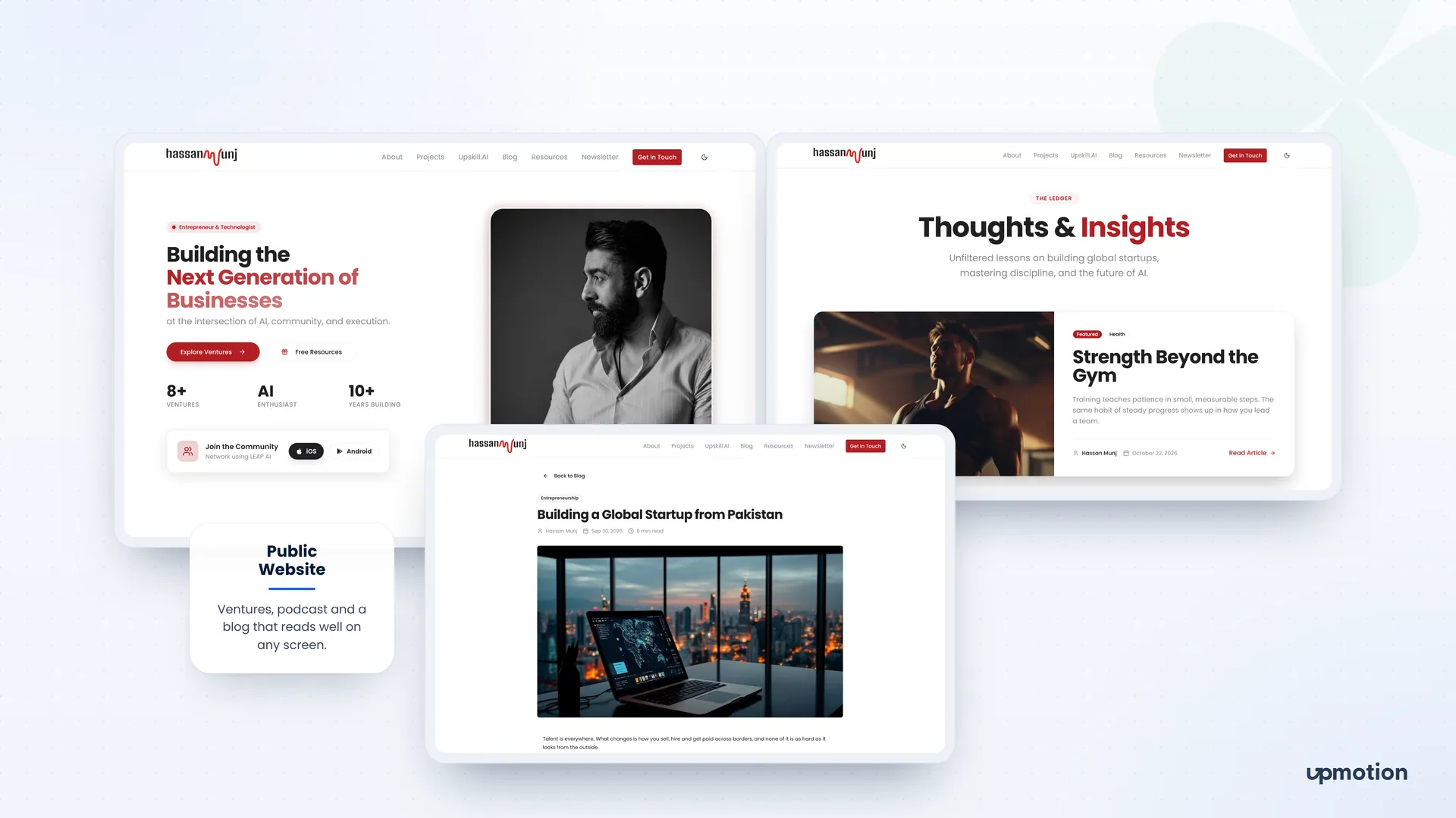 Hassan Munj public website home page, blog listing and blog article screens