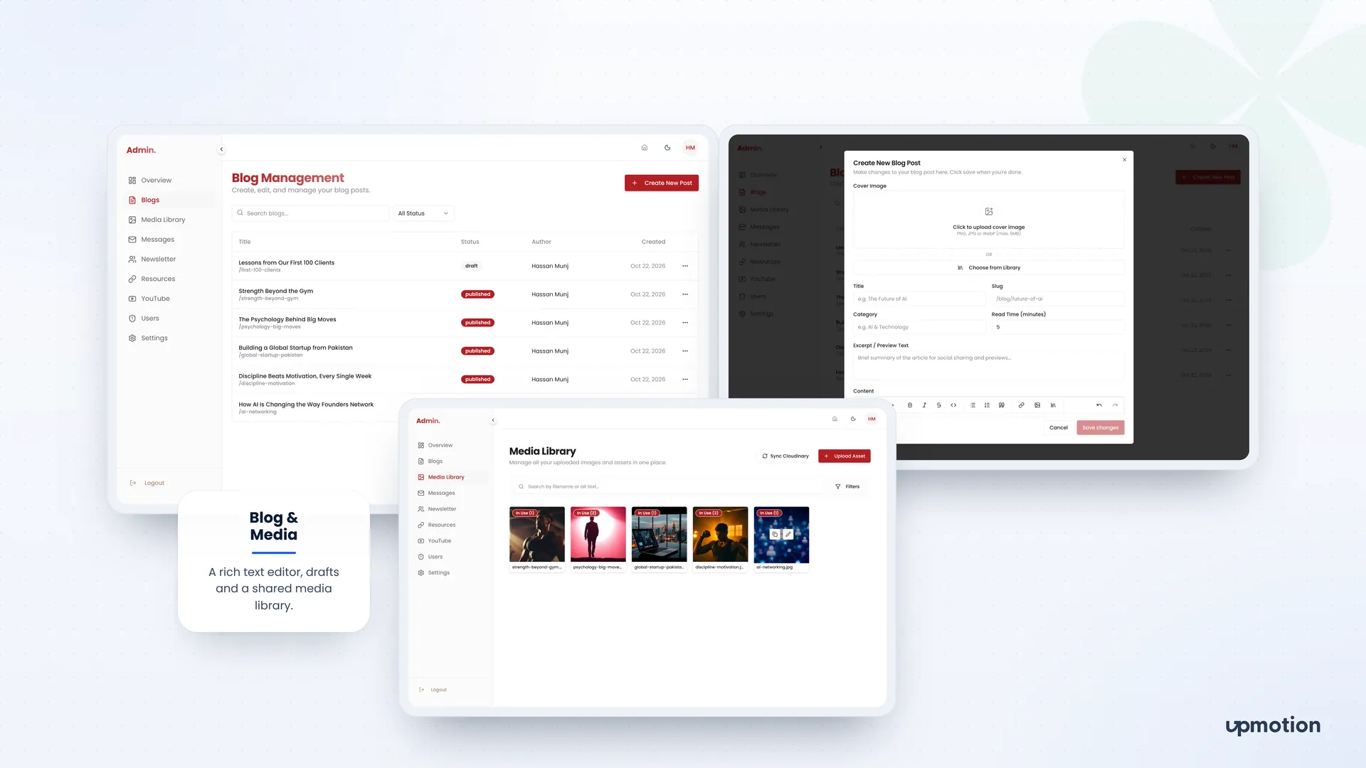 Hassan Munj blog management list, new post editor and media library screens