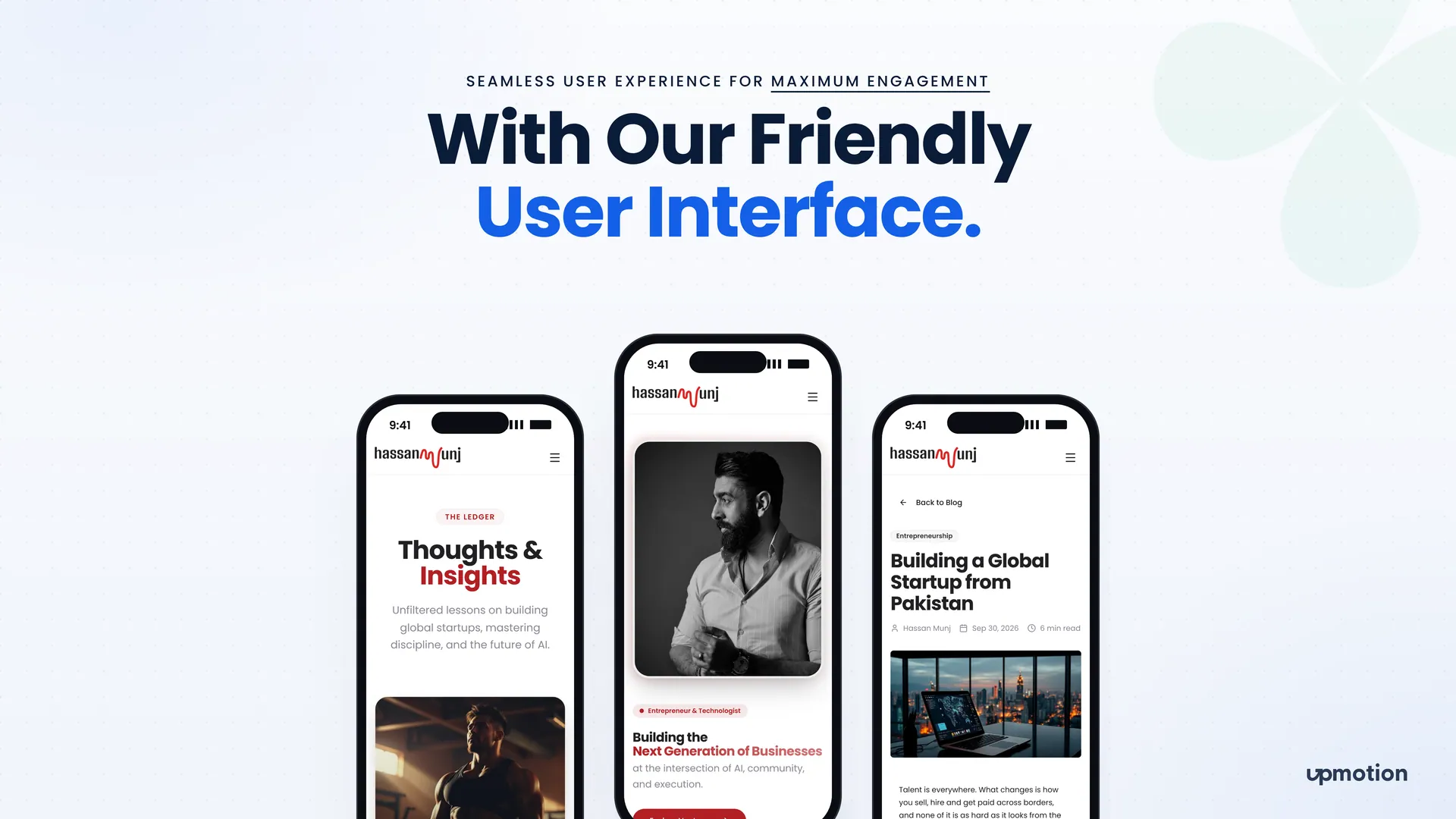 Hassan Munj mobile screens for the blog, the home page and an article