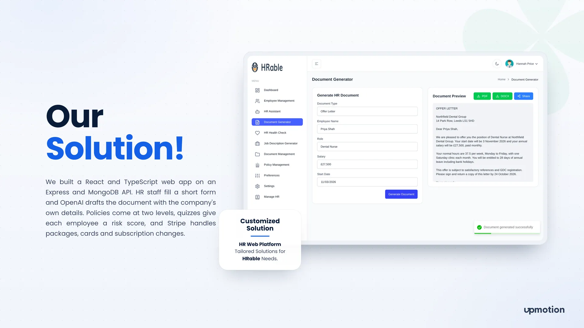 HRable AI document generator form with a drafted offer letter preview and download options