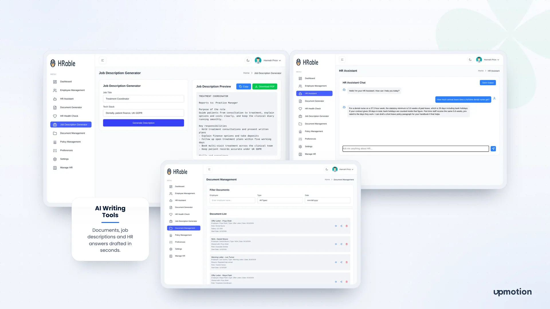 HRable job description generator, HR Assistant chat and document management screens