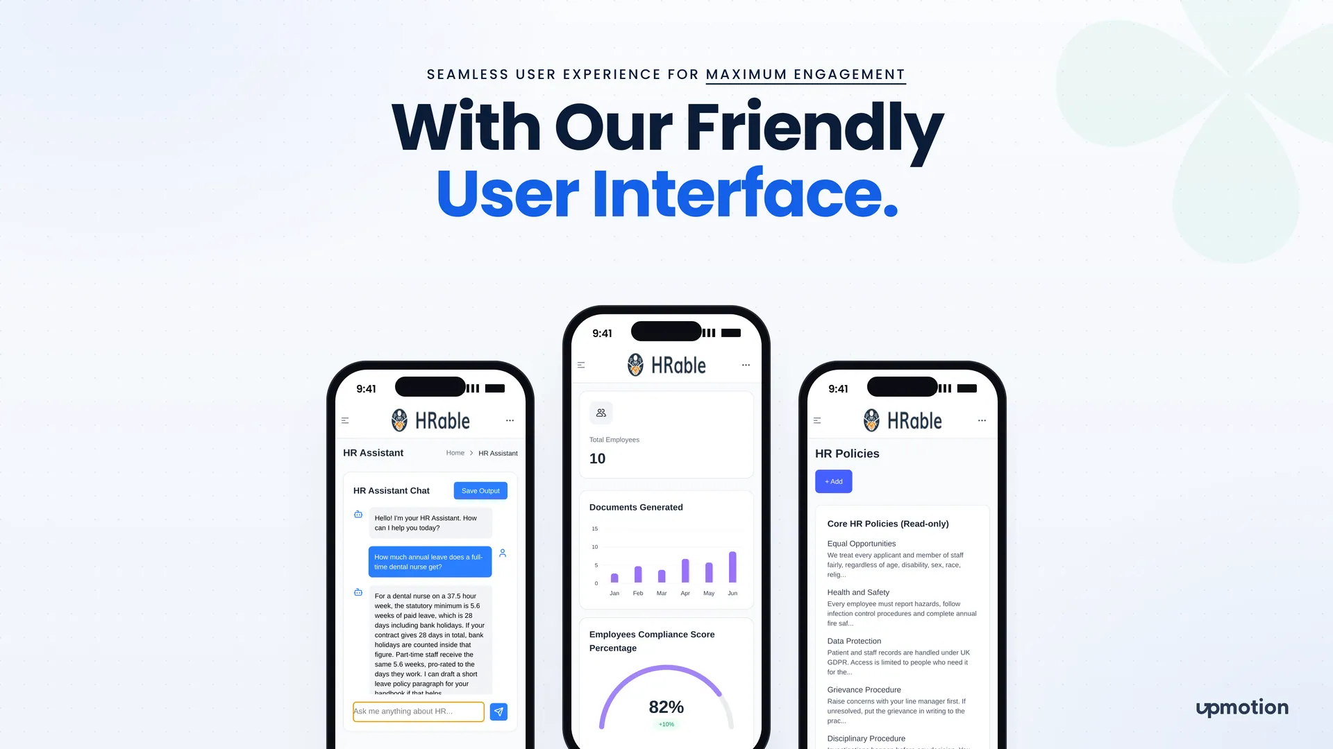 HRable mobile screens showing HR Assistant chat, dashboard and HR policies list